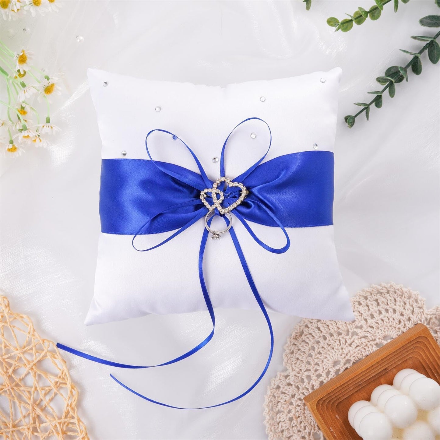 QIRMIZI Ring Pillow,Pearls Ring Cushion, Ring Bearer, Ring Holder for Beach Wedding, Wedding Ceremony, Proposal,Blue, White, R04 (Pack of 1)