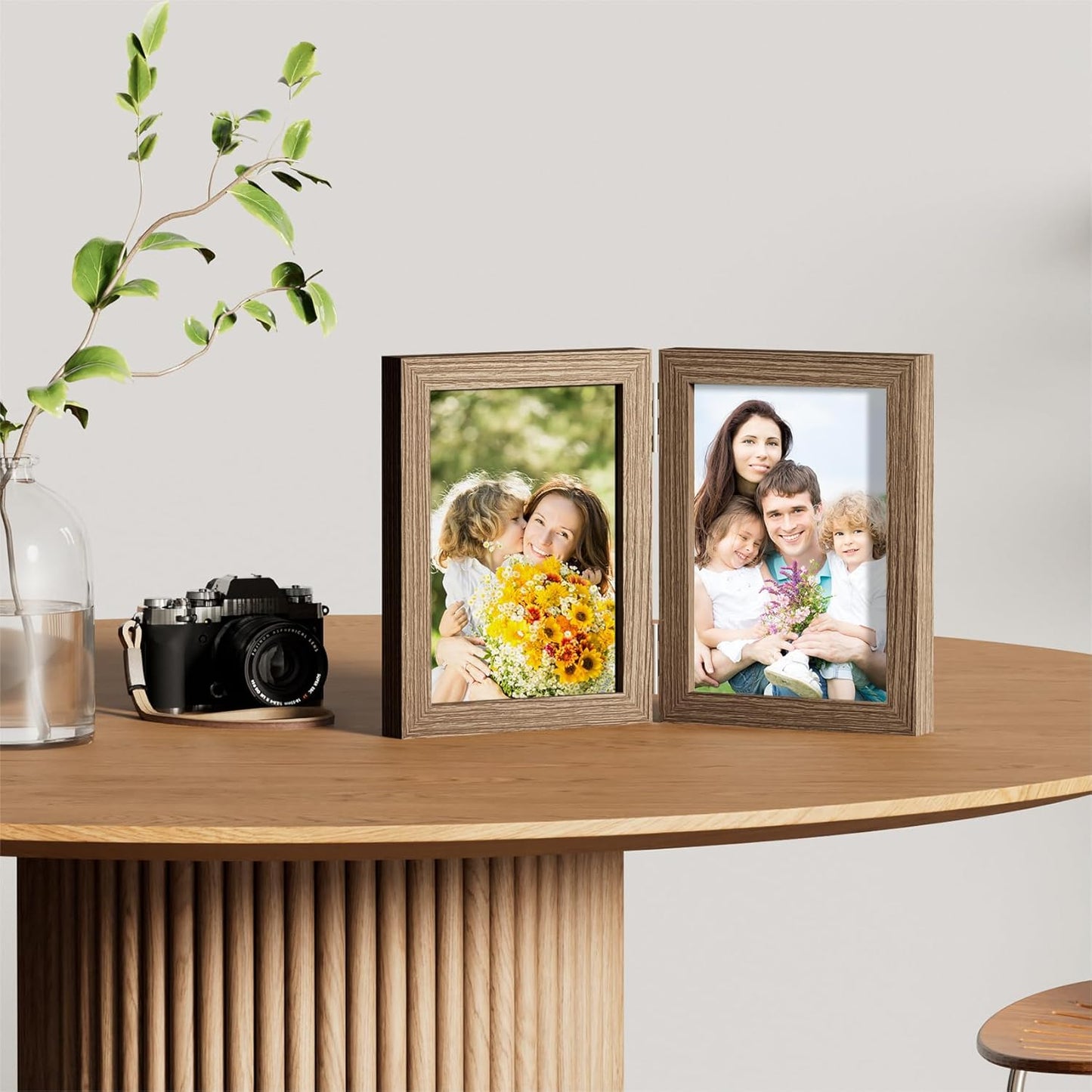 decorUhome Double 5x7 Picture Frame Vertical, Engineered Wood Bifold Photo Frame with Plexiglass for Tabletop Display, 5x7, Oak
