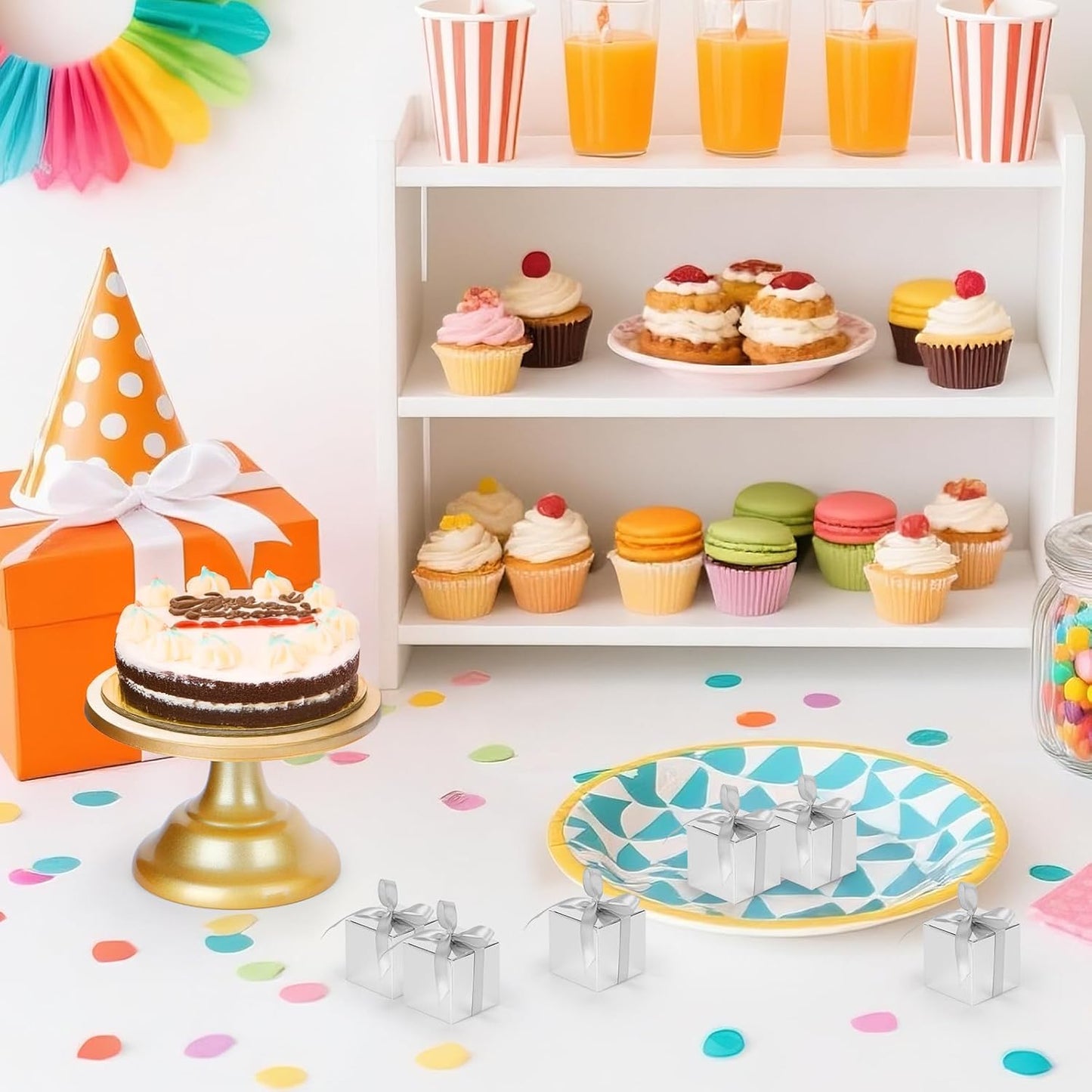 EUSOAR Small Gift Boxes with Lids, 120pcs 2x2x2 Inches Silver Party Favor Box Advent Calendar Boxes with Ribbon, Cube Candy Box Mini Muffins Bags Macaron Container for Wedding Birthday Party Supplies