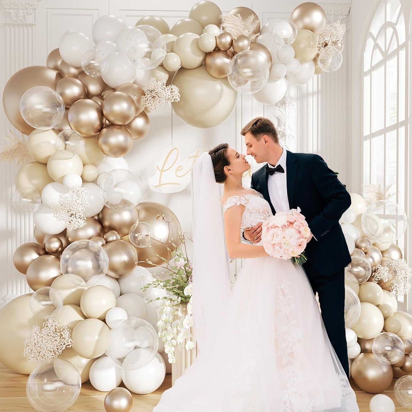 White Sand Metallic Champagne Gold Balloons Garland Arch Kit,152PCS White Nude Balloons with Clear Balloons for Birthday Boho Wedding Baby Shower Bridal Shower Engagement Anniversary Decorations