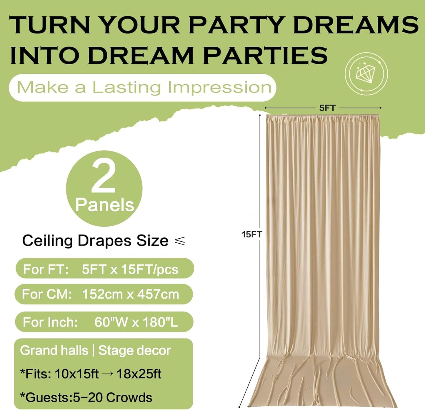 PartyVillage 10ft×15ft Beige Backdrop Curtain for Wedding Parties, 2 Panels Wrinkle Free 15 FT Long Polyester Photo Backdrop Drapes Back Drop Cloth for Birthday Photography Background