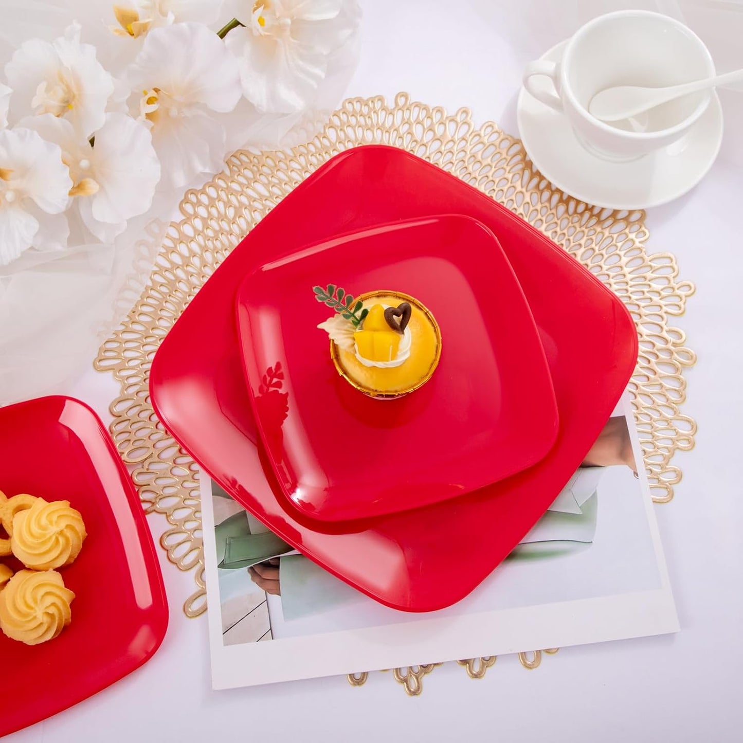 PULOTE 60PCS Red Square Plastic Plates - Red Christmas Disposable for Party Include 30 Dinner and 30 Dessert Plates for 30 Guests