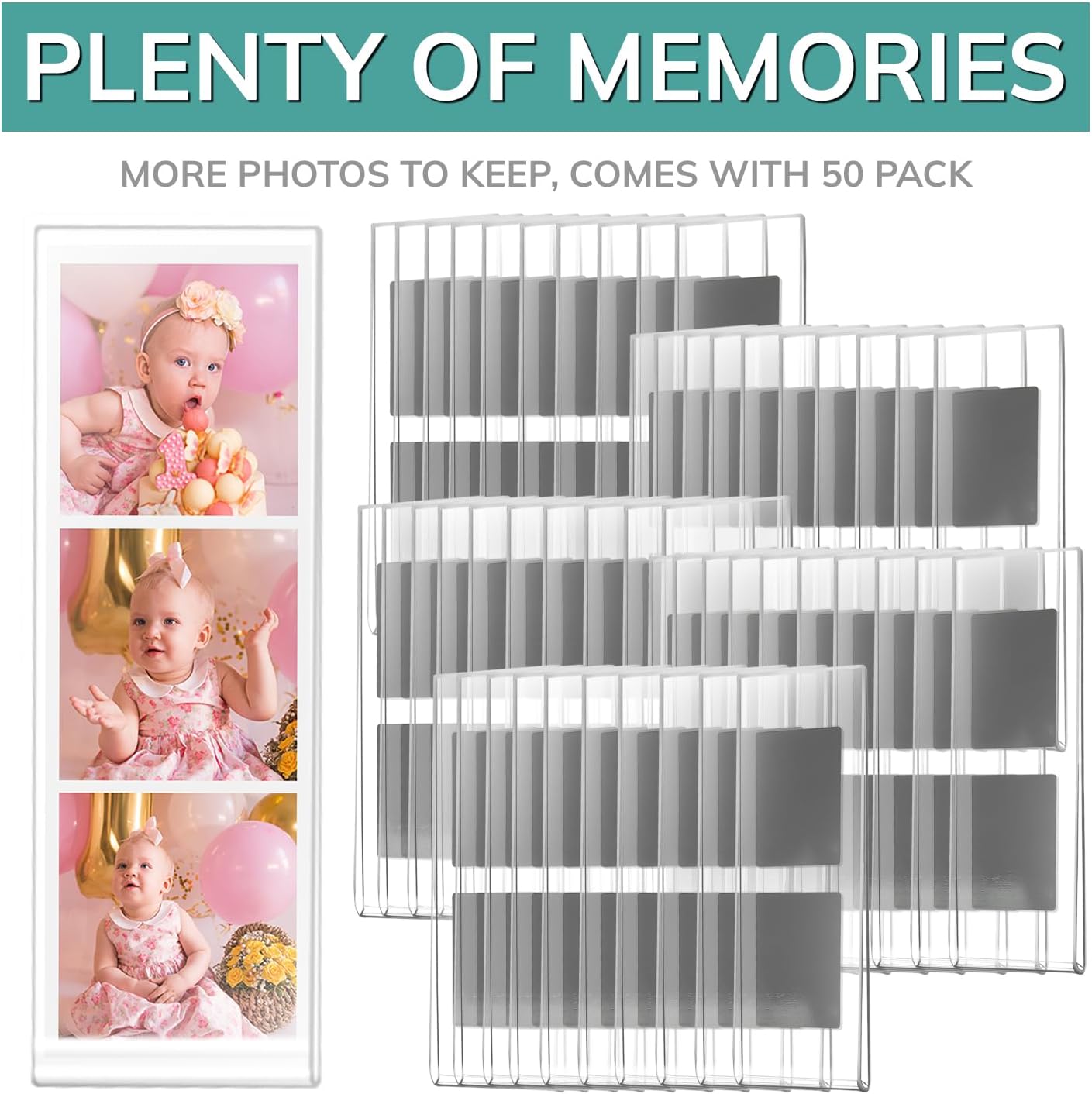 pbf PHOTO BOOTH FRAMES 2x6 Magnetic Picture Frames for Refrigerator | 2 x 6 Clear Magnetic Acrylic Frames for Photo Strips | Magnetic Photo Holders for Fridge, Locker, Sign Holder (50-Pack)