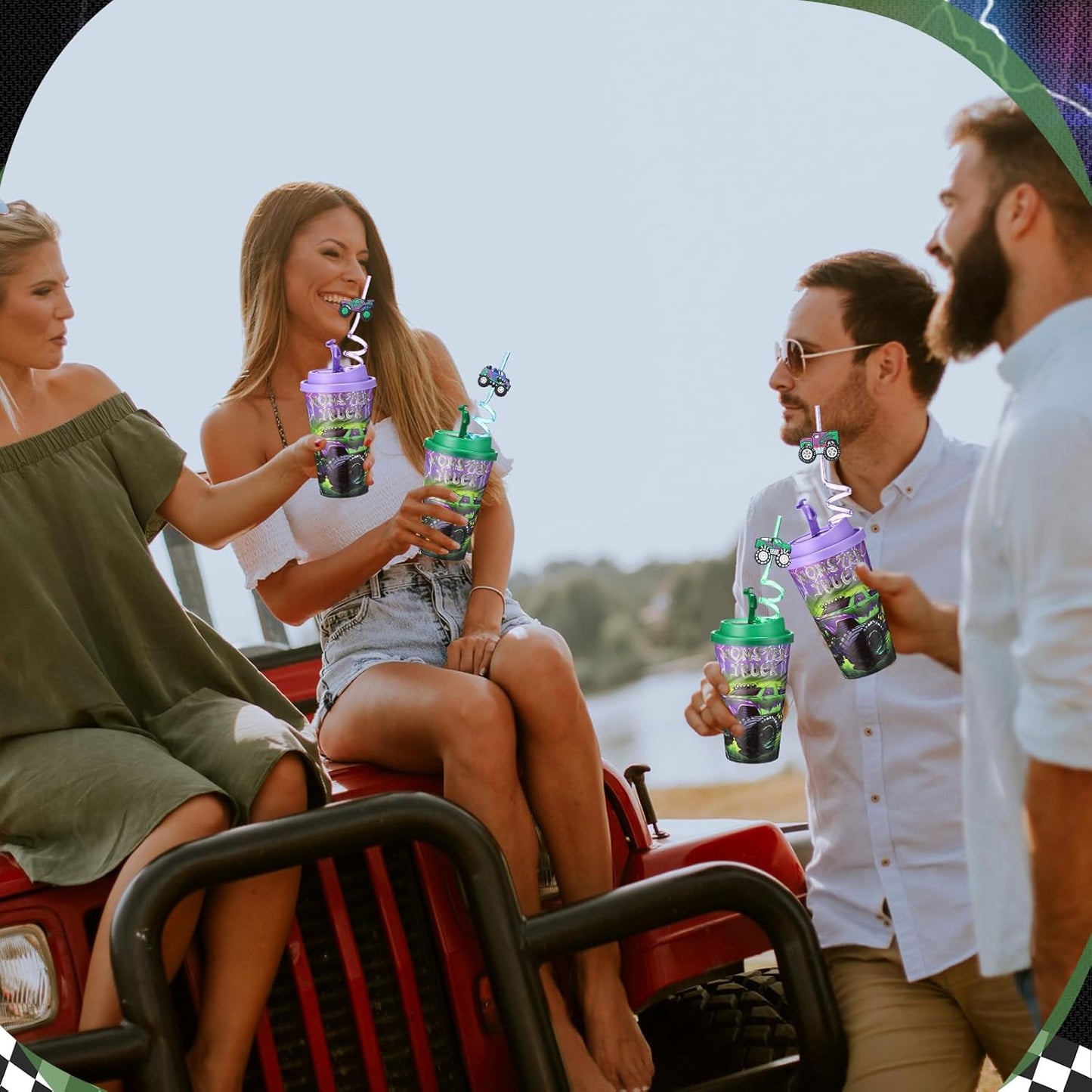 Yungyan 16 Sets Green Purple Monster Truck Party Favors Goodie Cups with Lids and Straws for Halloween Party Decorations Reusable 16oz Plastic Candy Cups Plastic Straws for Birthday Gift(Truck)