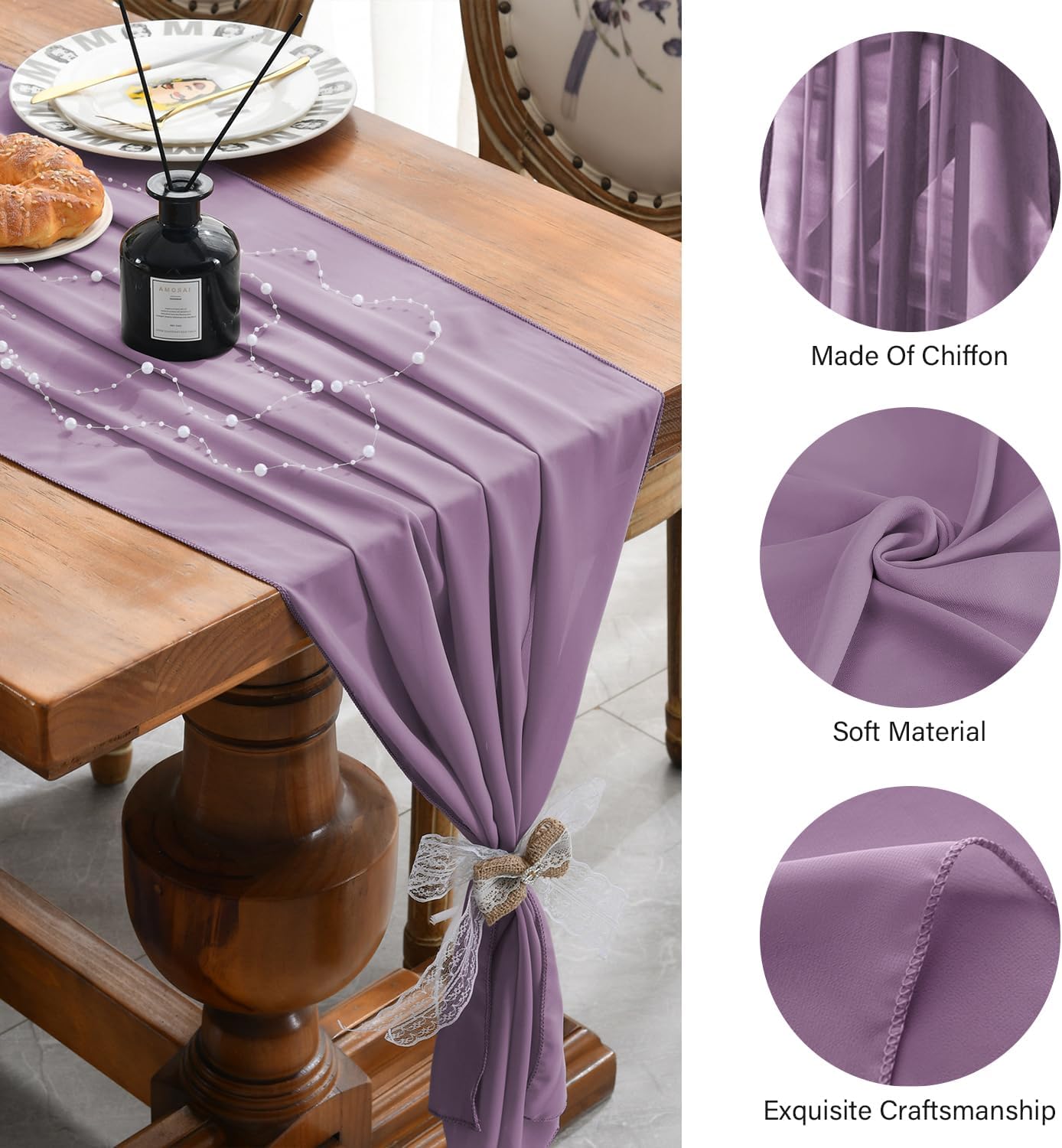 2 Pack 10 Ft Chiffon Table Runner Lavender Gauze Long Table Runners 27x120 Inches Sheer Tulle Table Runner for Rustic Wedding Reception Bridal Shower Decorations Birthday Party