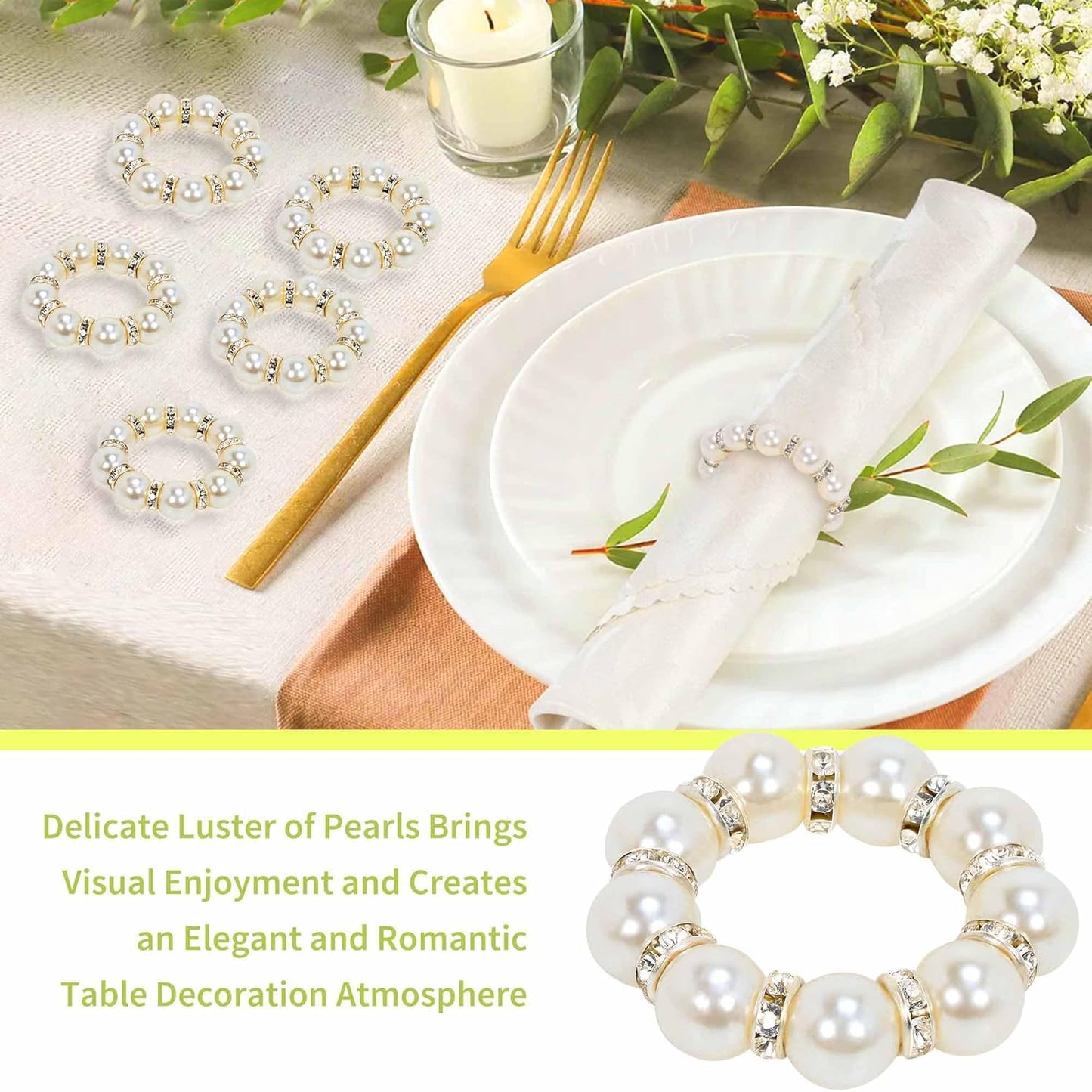 GENMOUS Set of 100 Silver Pearl Napkin Rings, Elegant Imitation Beaded Stylish Napkin Buckles for Formal Decor, White Napkin Ring Holders with Rhinestones for Weddings, Formal Dinners, Parties
