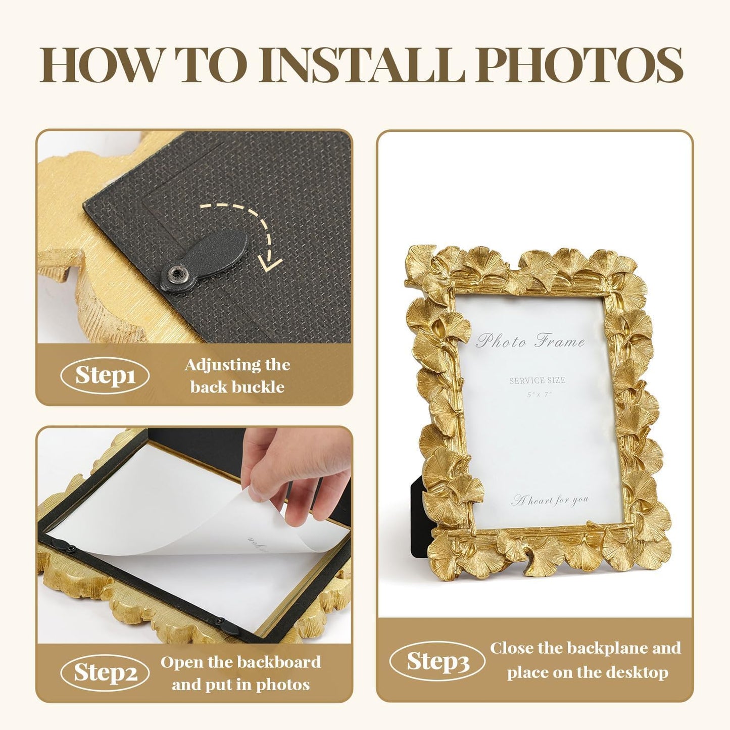 Cuspin 5x7 Picture Frame Vintage Gold Frames, Ornate Leaf Textured Hand-Crafted Resin with Glass Front, Gold Picture Frames for Tabletop Display, Retro Design Home Decor