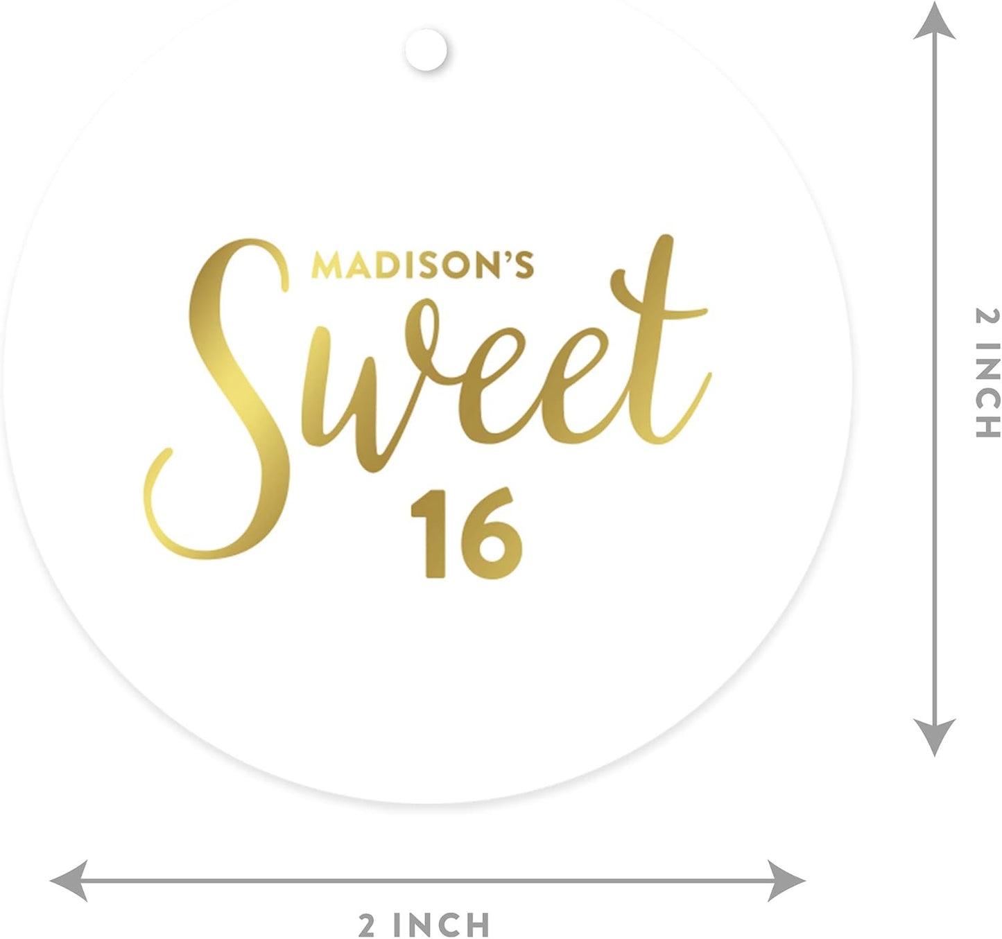 Andaz Press Personalized Round Circle Birthday Gift Tags, Metallic Gold Ink, Sweet 16 Birthday, 24-Pack, Custom Made Name, Not Gold Foil