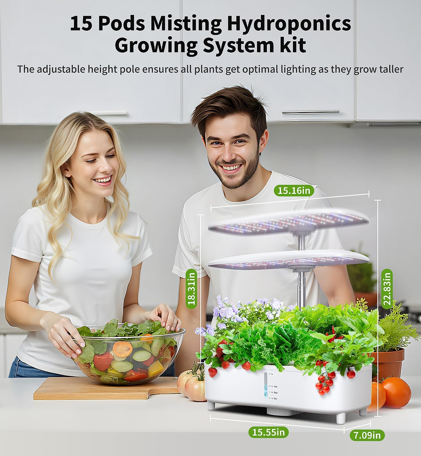 Hydroponics Growing System Kit 15 Pods Misting Herb Garden Indoor Garden Indoor Gardening System 5L Water Capacity 48W Grow Light Gardening Gifts for Women House Warming Gifts New Home (White)