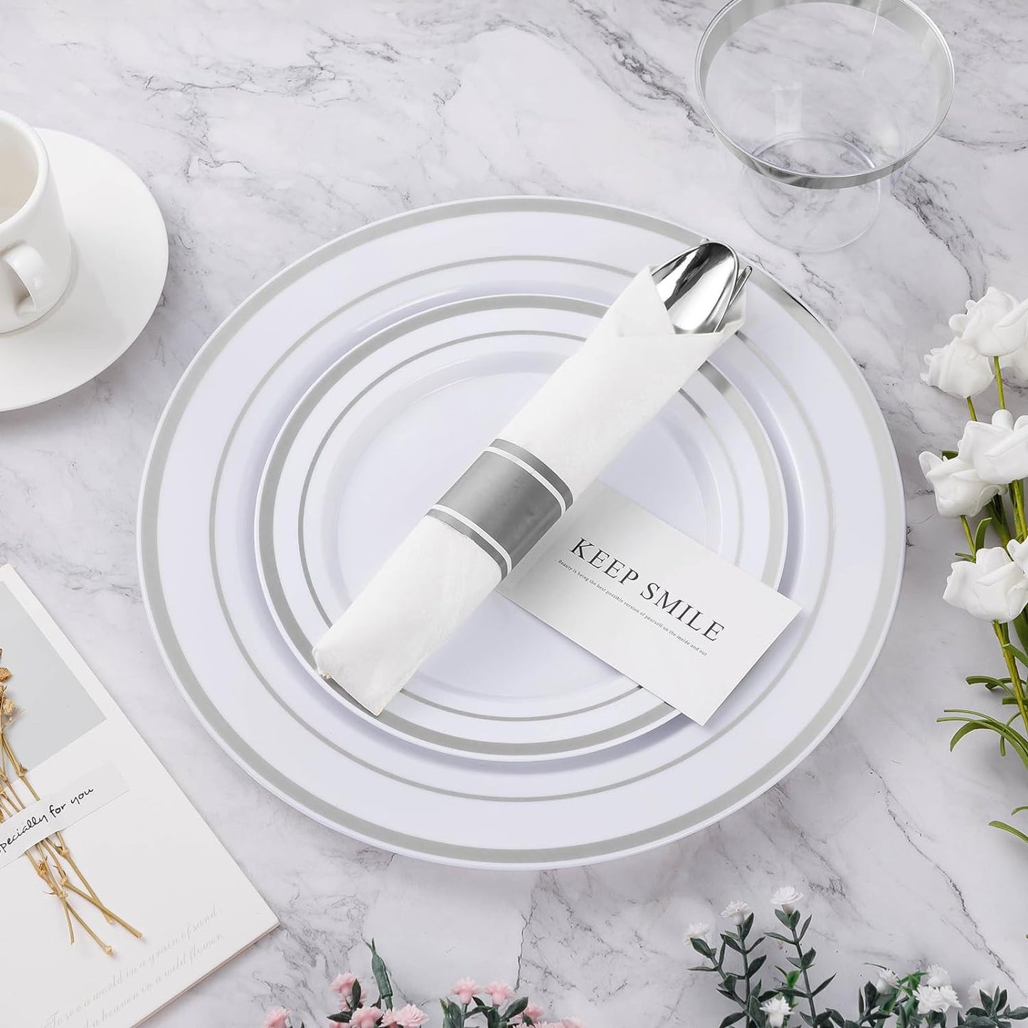 BESTVIP 50 Pack Pre Rolled Silver Plastic Silverware Set, Disposable Wrapped Cutlery Set with 50 Napkins, 50 Knives, 50 Forks and 50 Spoons for Party, Birthday