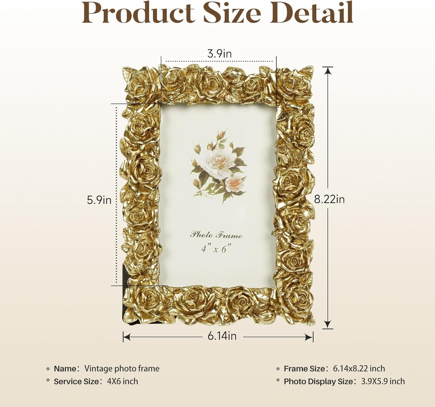 Cuspin Vintage Gold 4x6 Picture Frame, Gold Ornate Rose Flower Resin Photo Frame with Glass Front for Tabletop or Wall Hanging, Antique Picture Frames for Home Office Decor