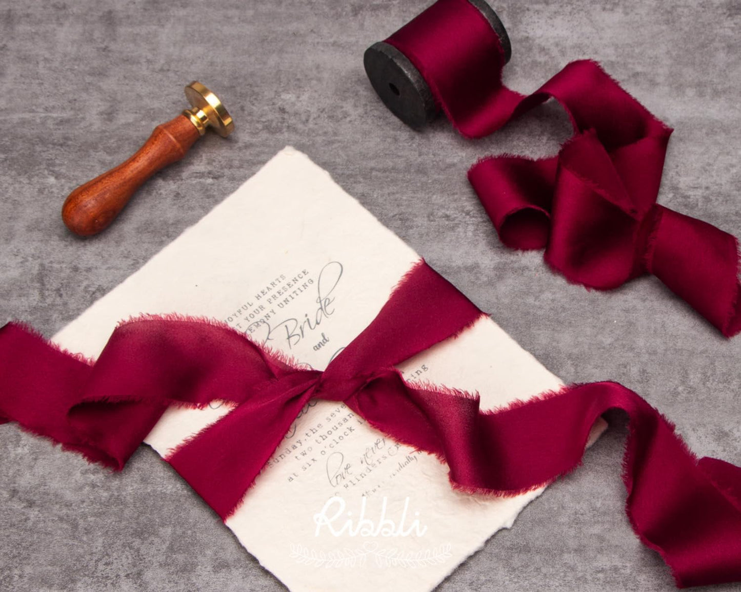 Ribbli Burgundy Silk Satin Ribbon 1.5 Inch x 12 Yard Handmade Frayed Chiffon with Wooden Spool Burgundy Red for Gift Wrapping Wedding Invitations Bridal Bouquets Home Decor
