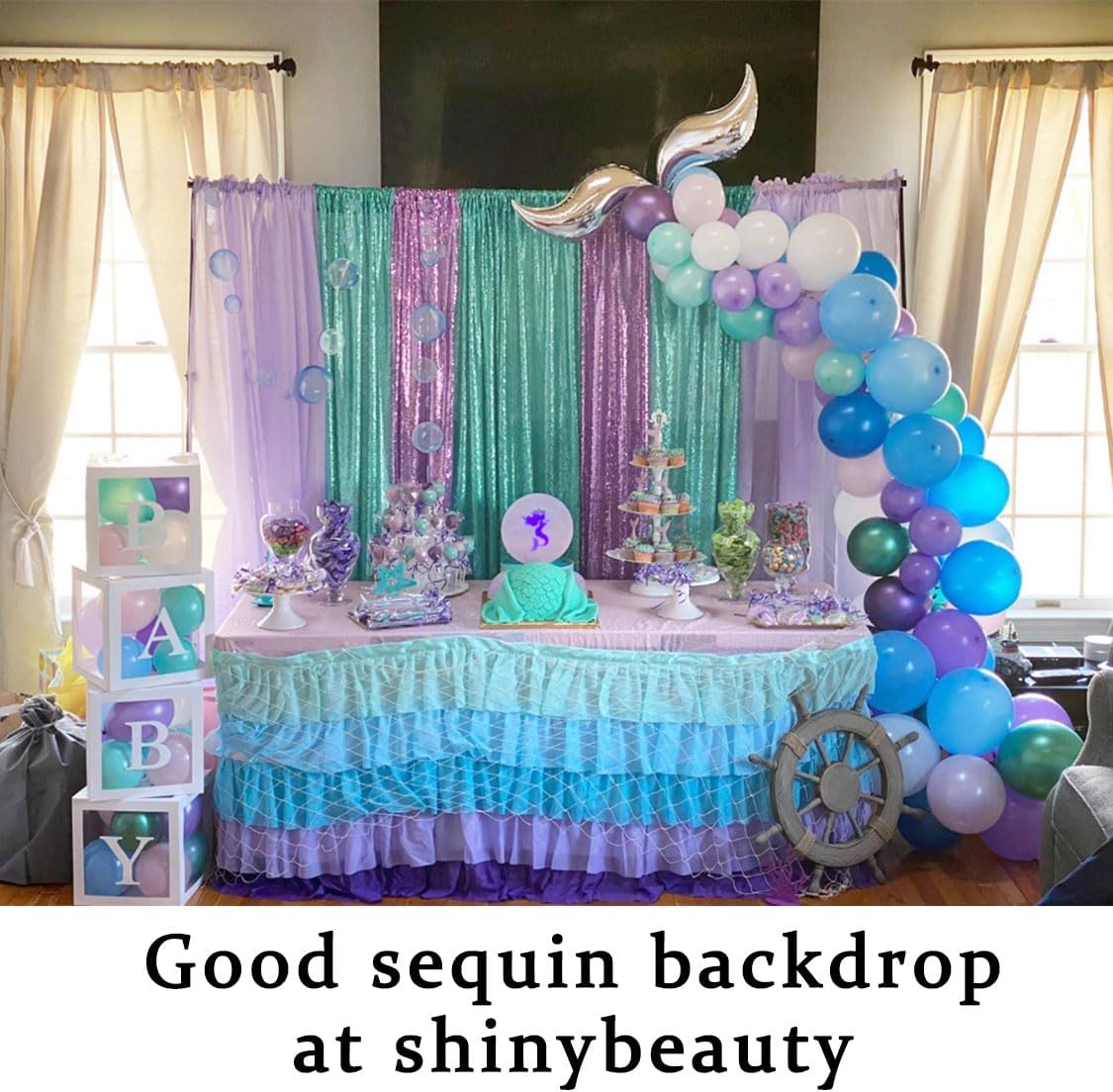ShinyBeauty Sequin Backdrop 4x10ft Teal Sequin Curtains 2 Panels Wedding Drapes Glitter Backdrop Curtains for Parties Photography Background (4FTx10FTx2PC, Teal)