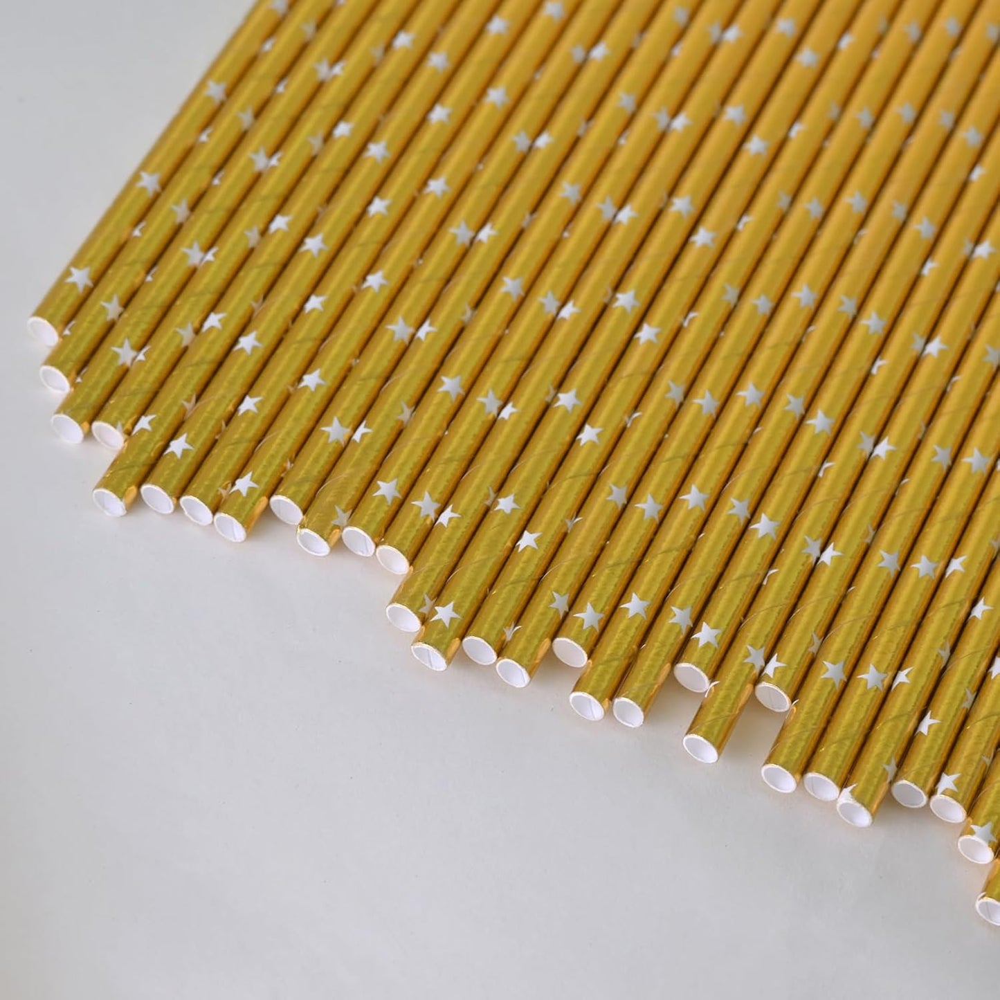 Gold Drinking Straws - Disposable White Star Print Foil Gold Biodegradable Paper Straws, 7.75 Inch, 100 Pack - Party Supplies