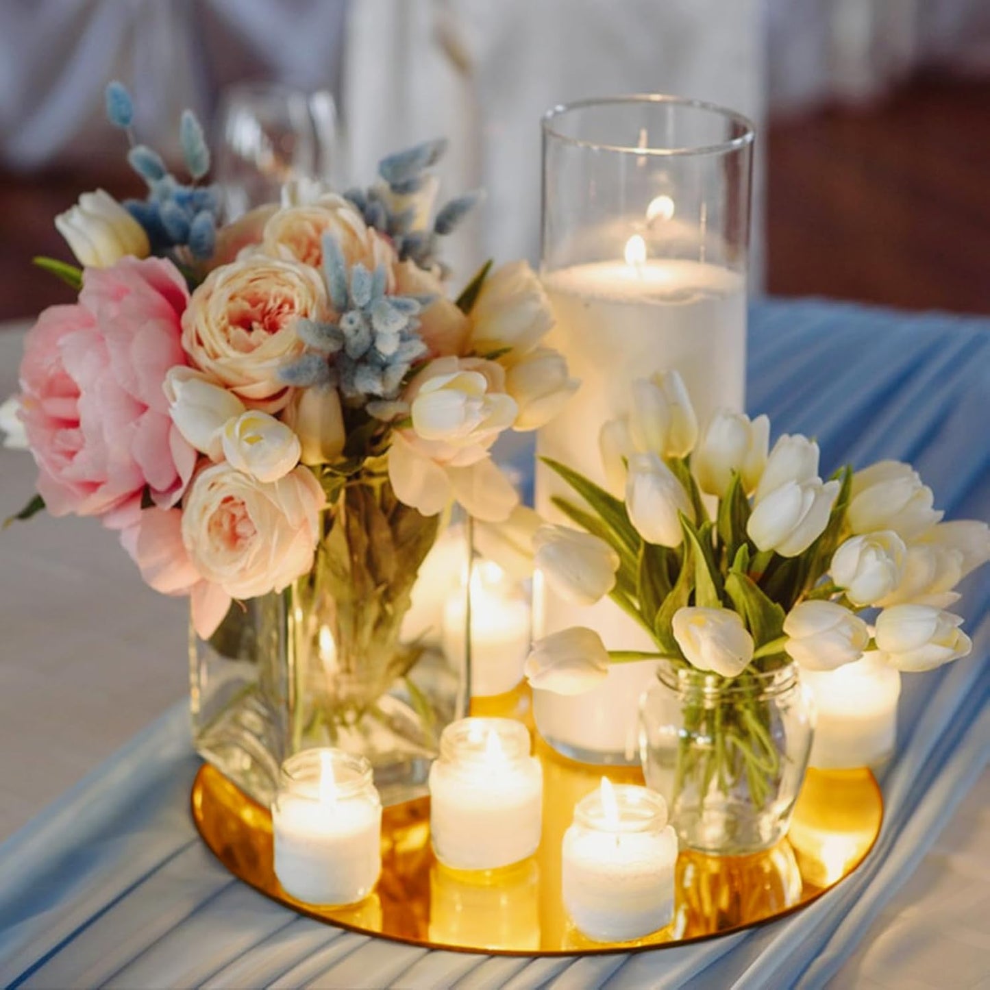 VASUHOME 12" Gold Mirror Centerpieces for Tables, Round Mirror Plates Set for Candle, Wedding, Party Decorations, Circle Mirror Trays with Smooth Edge and Cushioned Feet, 2mm Thick