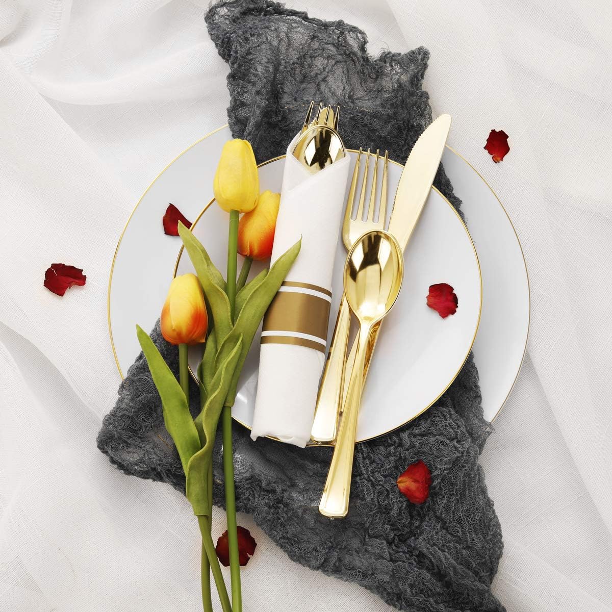 Supernal 60 Pack Pre Rolled Napkins with Gold Plastic Silverware, Premium Disposable Gold Wrapped Cutlery Set Includes: 60 Forks 60 Knives 60 Spoons 60 Napkin for Party