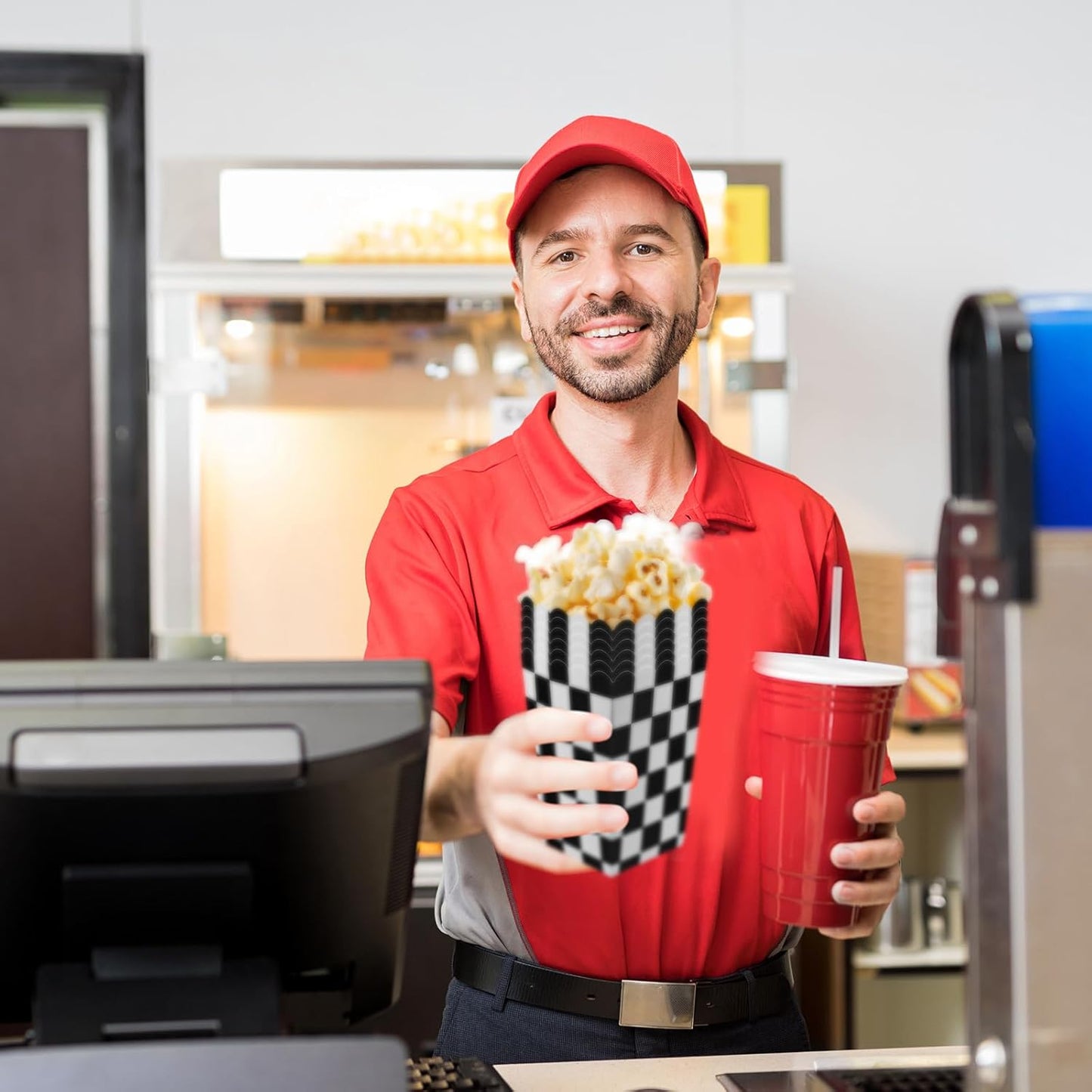 50 Pcs Checkered Popcorn Boxes Mini Paper Popcorn Bags for Race Car Party for Movie Nights Birthday Wedding (Black Checkered)