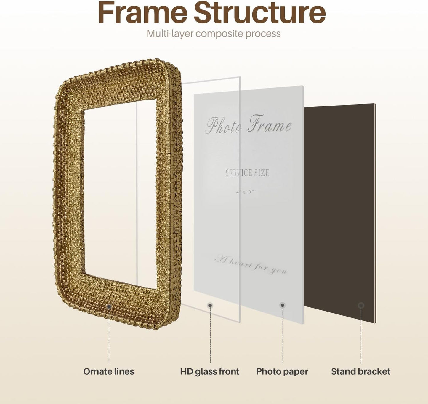 Cuspin 4x6 Picture Frame Vintage Gold Metal Rattan Textured Hand-Crafted Photo Frame with Glass Front, Antique Picture Frame for Tabletop Display & Wall Display, Retro Design Home Decor