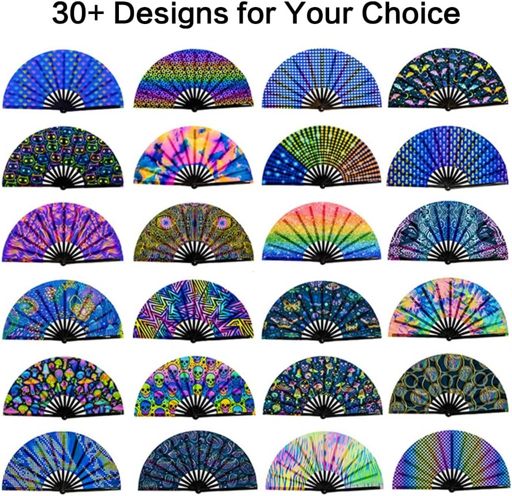 UV Glow Rave Fan, Bamboo Folding Clack Hand Fans Foldable for Men Women, Boots on the Ground Poping Fan for EDM Festival Line Dance Decoration, (Mushrooms and Skulls, Large 13")