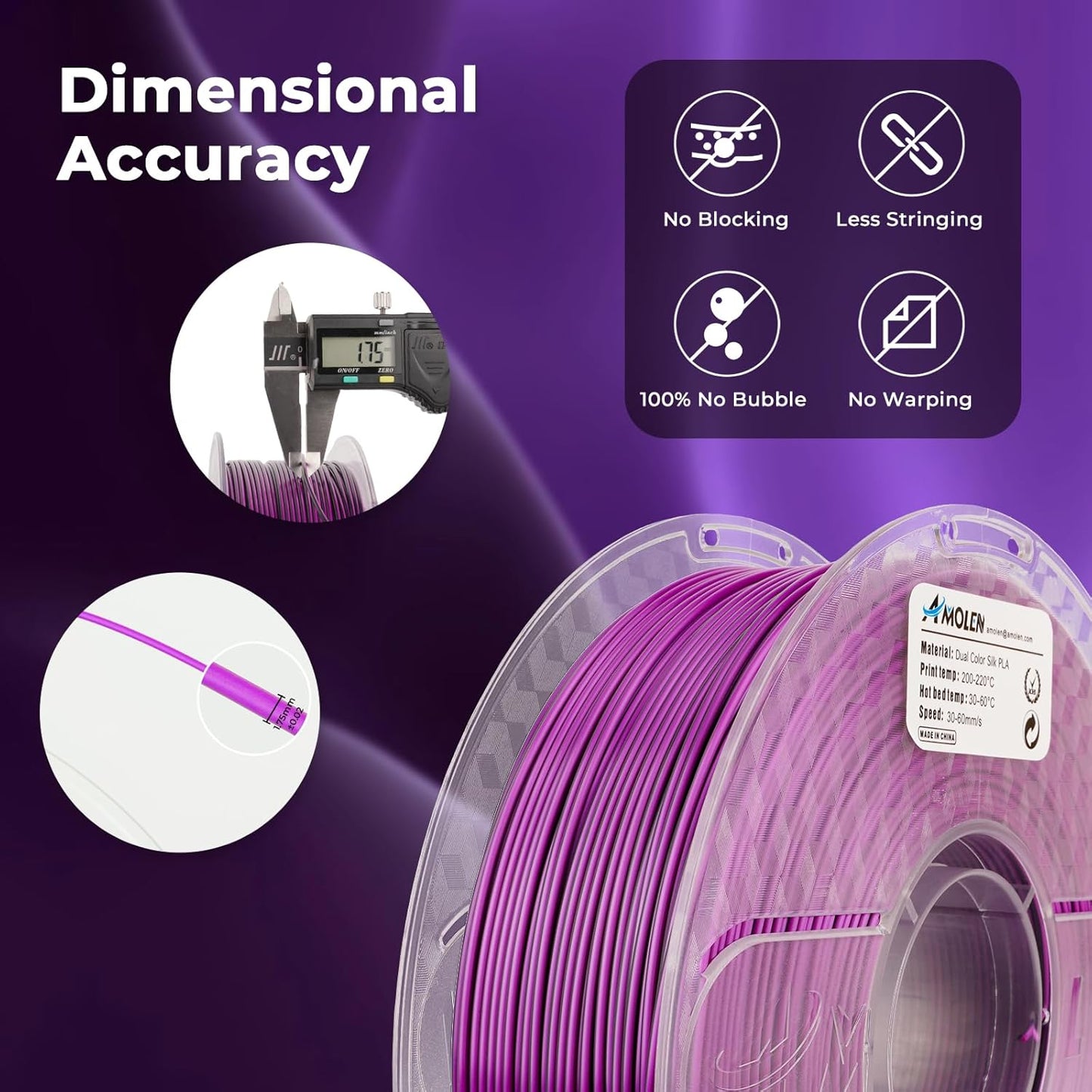 AMOLEN Silk PLA 3D Printer Filament, Dual Color PLA 1.75mm Shiny Color Change Filament 3D Printing PLA Filament for Most FDM 3D Printer, 1kg Spool(2.2lbs), Black Purple