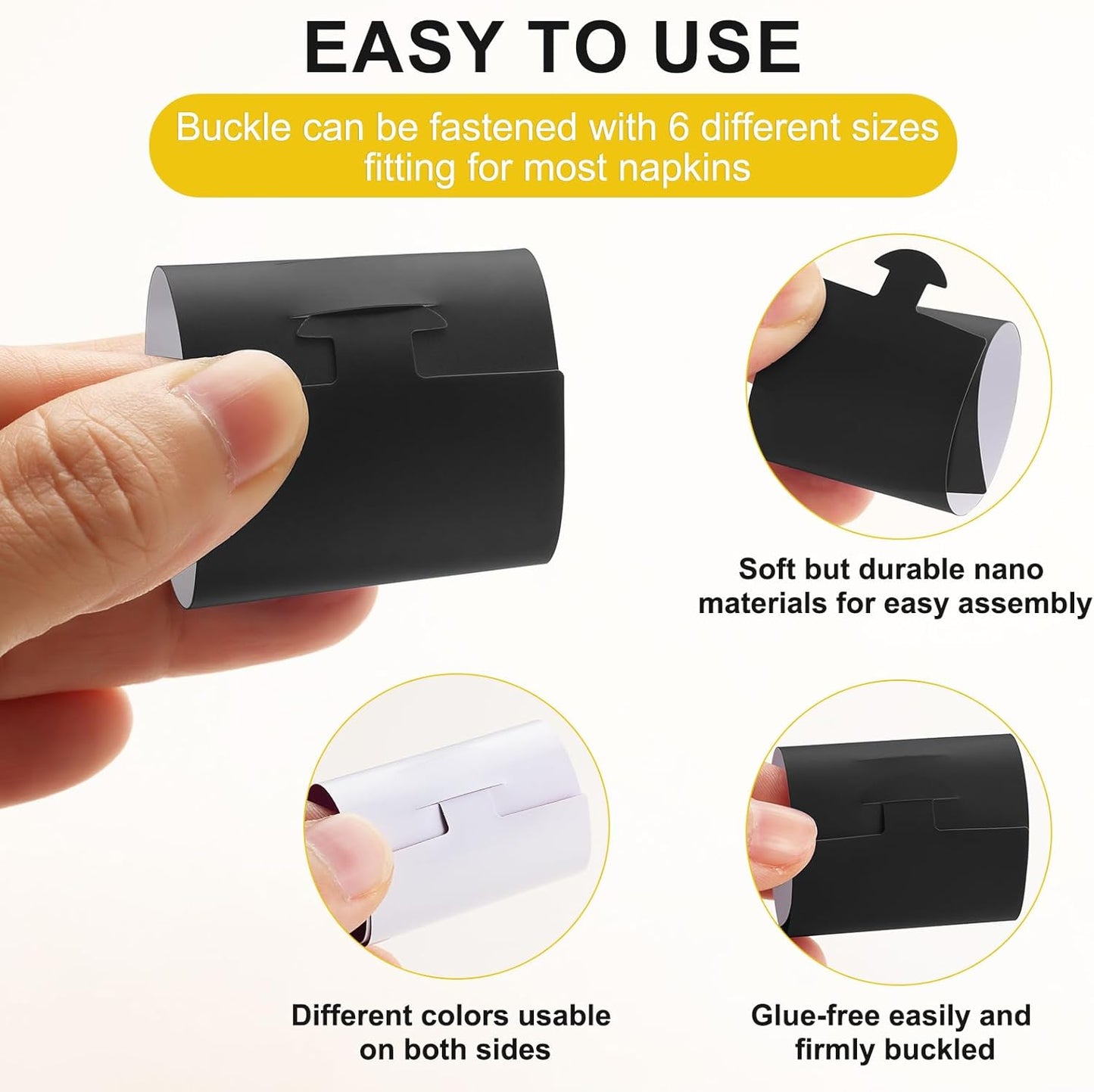 Polymer Material Reusable Napkin Band, Glue-Free Tear-Proof Water Resistant Oil-Proof Napkin Bands Set of 100(Front Black Color and Back White), 6 Adjustable Sizes Napkin Rings