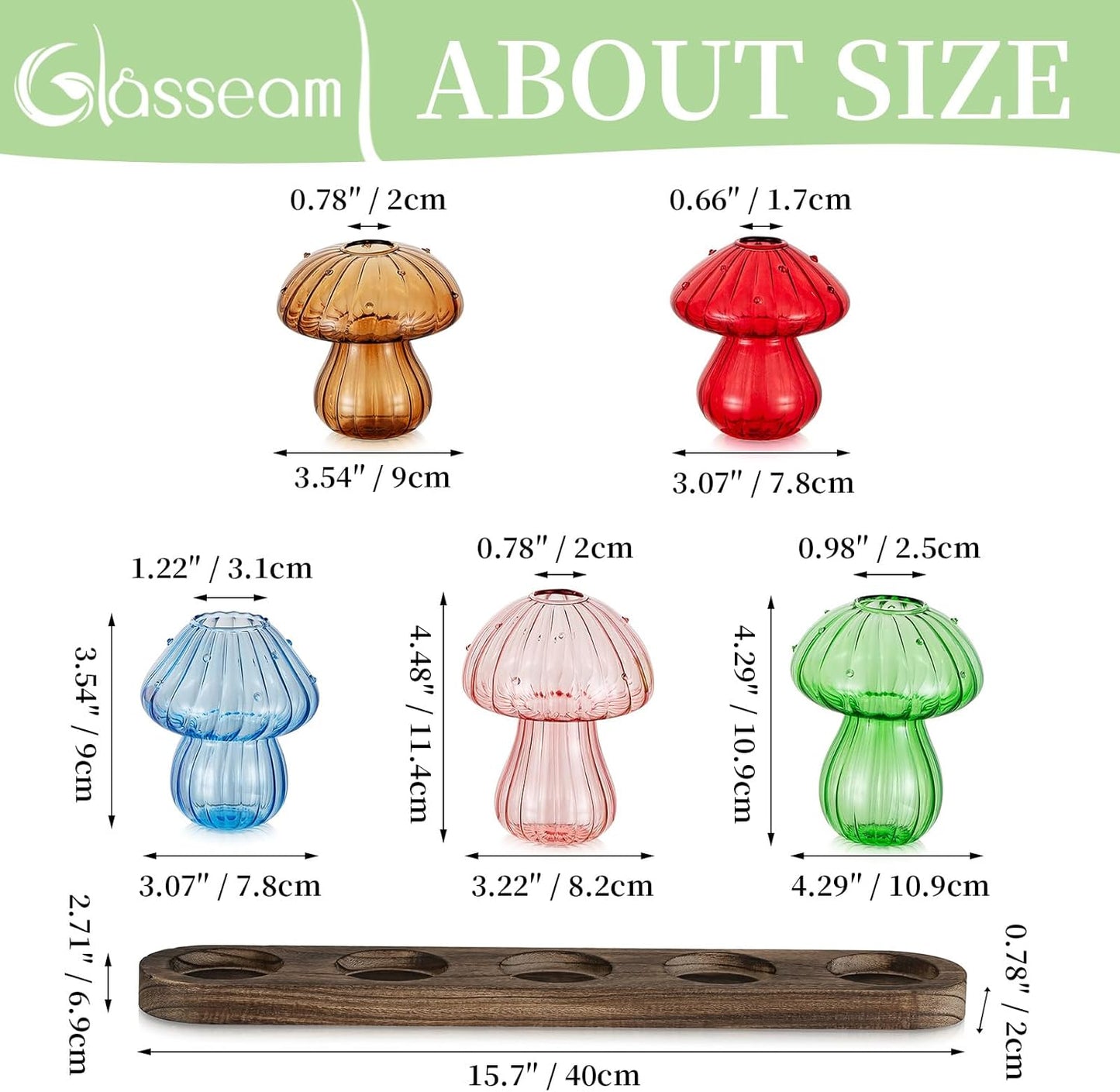 Glasseam Mushroom Plant Propagation Stations: Glass Terrarium Jars with Wood Stand - Unique Hydroponic Planters for Indoor Plants, Office Decor - 5 Pcs