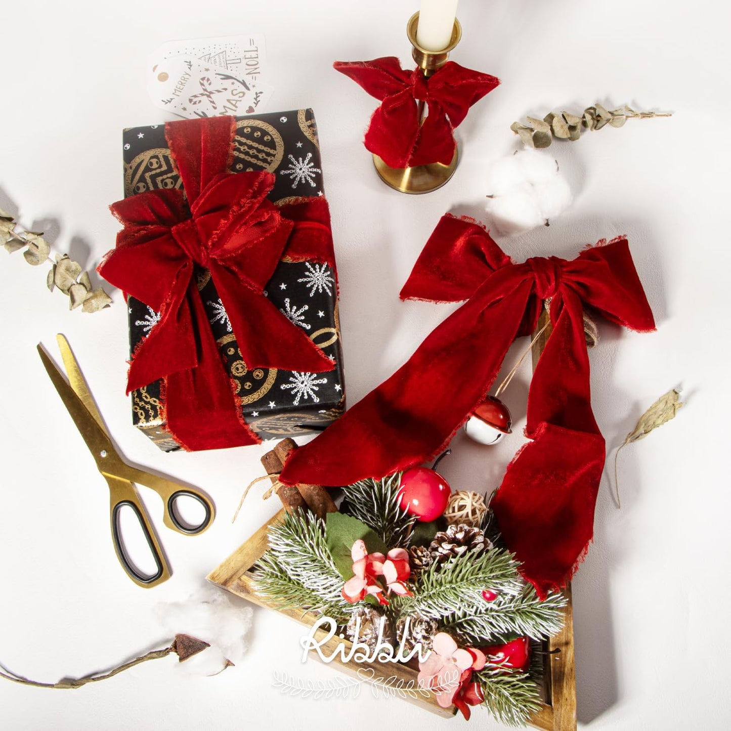 Ribbli Red Velvet Ribbon 1.5 Inch Handmade Frayed Vintage Christmas Ribbon for Gift Wrapping Christmas Tree Ornament Wreath Craft Home Decor -Total 3 Yards with Wooden Spool