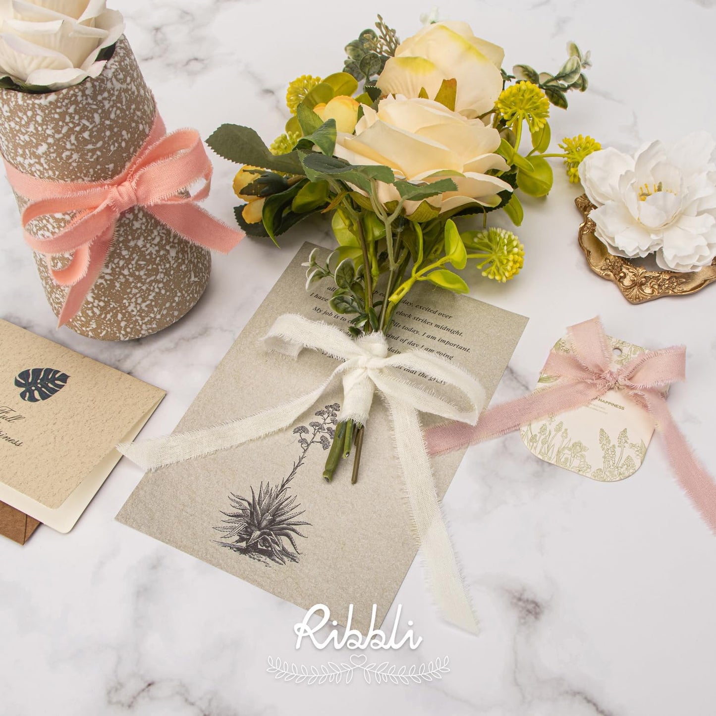 Ribbli 3 Rolls Pink Ribbon 5/8 Inch x 18Yards Ivory Blush Dusty Pink Handmade Cotton Frayed Fringe Ribbons for Gift Wrapping Wedding Invites Bridal Bouquets Baby Shower DIY Crafts Home Decor