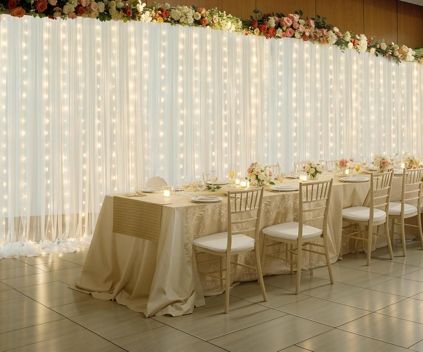 20ft x 10ft Ivory Tulle Photo Backdrop Curtain with Lights String for Parties Wedding Sheer Ivory Curtain Backdrop for Birthday Party Bridal Shower Photo Booth Photography Background Decorations