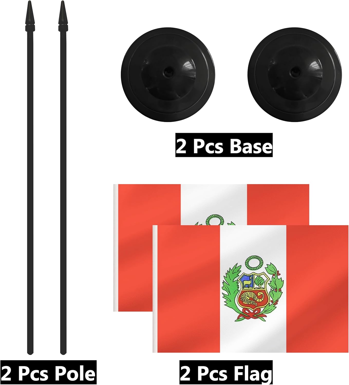 2 Pack Peru Desk Flag Set, Peruvian Desktop Small Miniature Table Office Flag with 12" Black Pole and Black Base, Offices, Classroom, Home, Festival Decoration (Peru)