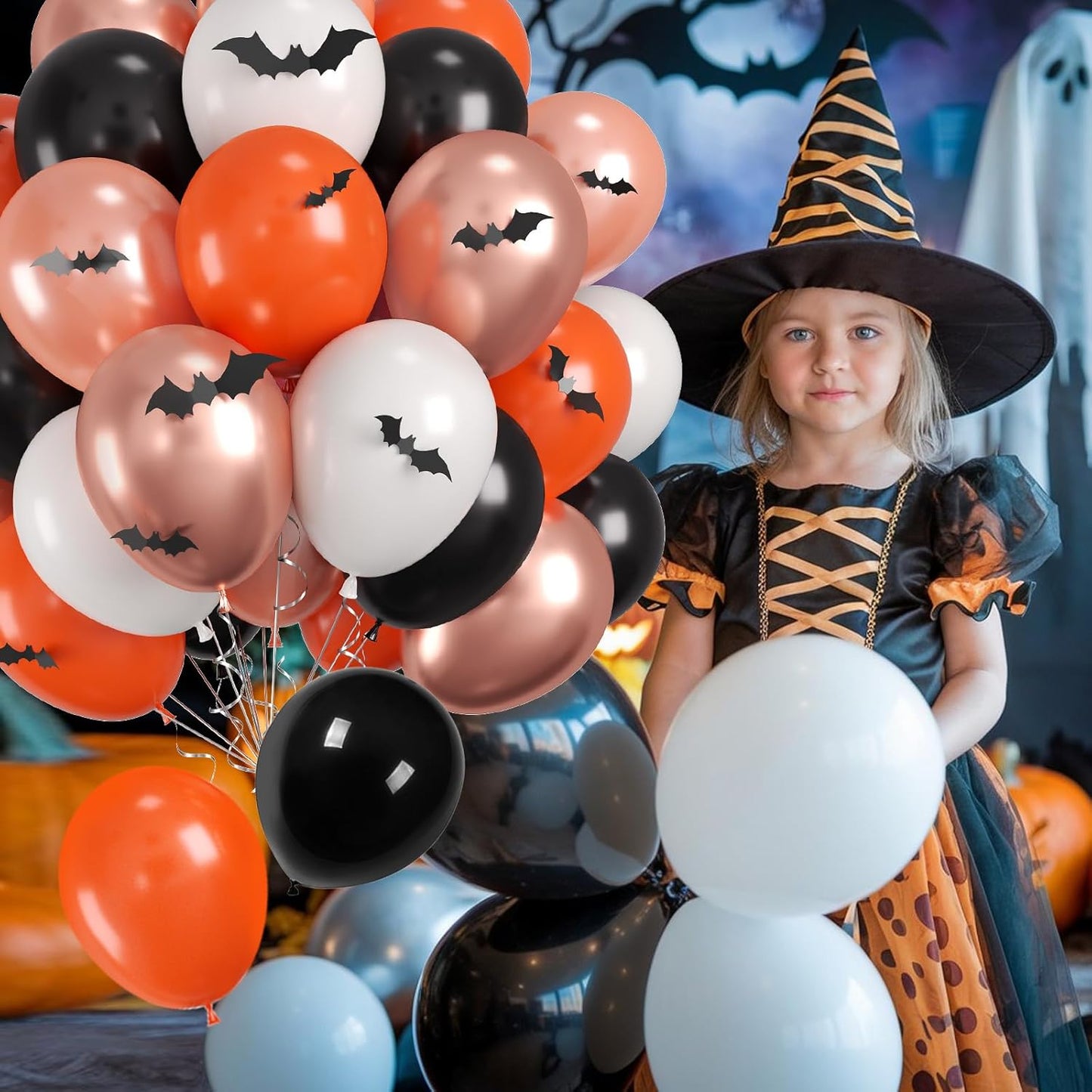 Halloween Balloons, 60PCS Black Orange Balloons, Black Orange White Rose Gold Balloon with 4 Different Sizes 3D bats Stickers for Halloween Masquerade Haunted House Themed Birthday Party Decorations