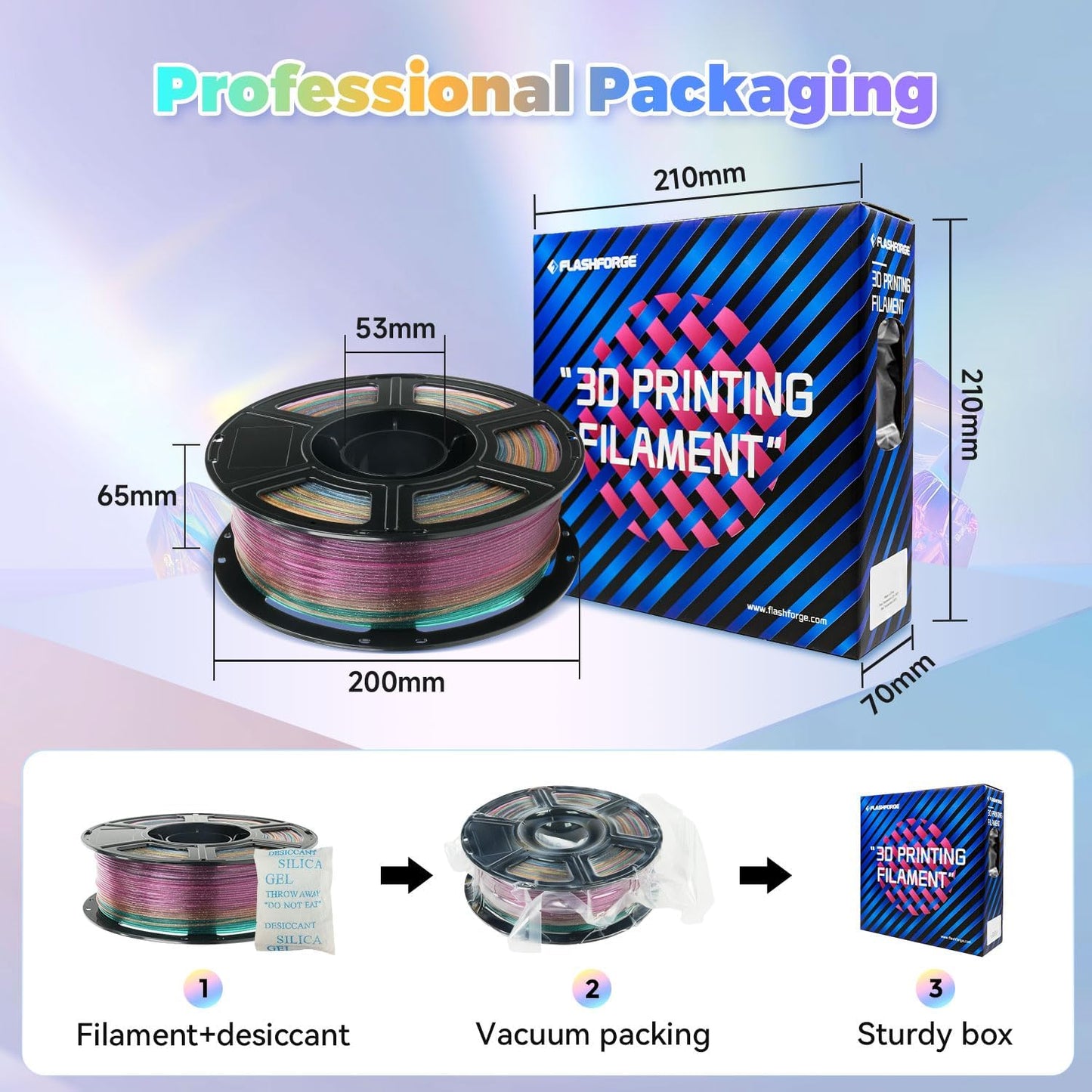 FLASHFORGE Translucent Glitter PLA Crystal Rainbow Candy Filament, Shiny Sparkling Gradient 3D Printer Filament, Fast Color Change Between Yellow Pink Blue Green, Adjustable Transparency