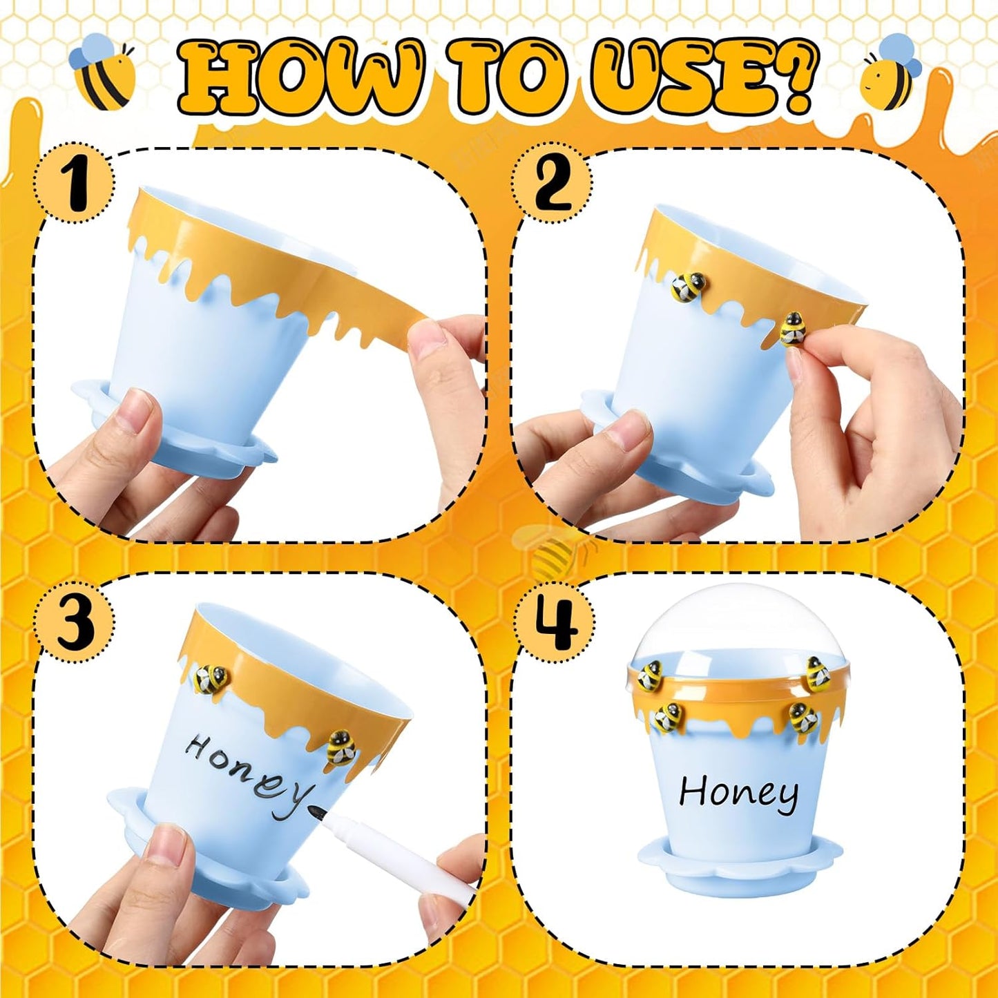 30 Sets Mini Honey Bee Pots with Lids, Spoon, Saucers and Bee Charms, 6.76 OZ Plastic Honey Jars for Cupcake Dessert Themed Party Favor Planter Baby Shower Birthday Wedding Decoration (Blue)