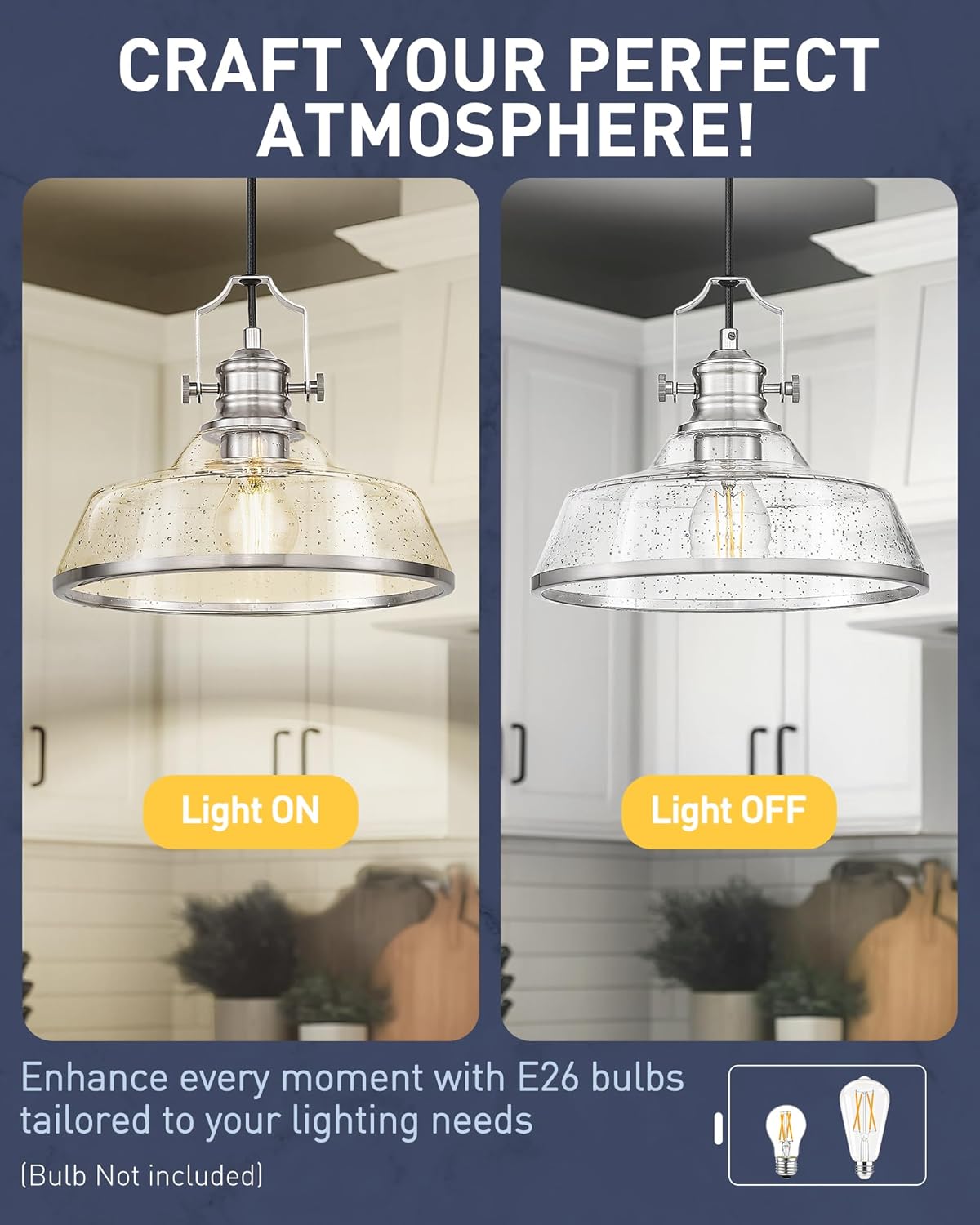 kudos 2 Pack Pendant Lights Kitchen Island, 11" Large Brushed Nickel Kitchen Island Lighting with Seeded Glass, Industrial Hanging Light Fixture for Kitchen Sink Dining Room, KDPL13-BN-S-2PK