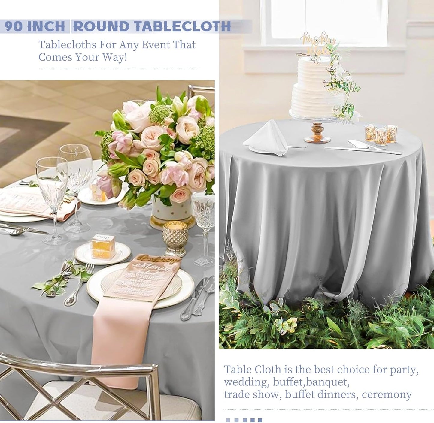 6 Pack Light Grey Round Tablecloths - 120 Inch, Polyester Table Cover, Stain and Wrinkle Resistant Washable Fabric Table Cloth for Wedding Banquet Parties