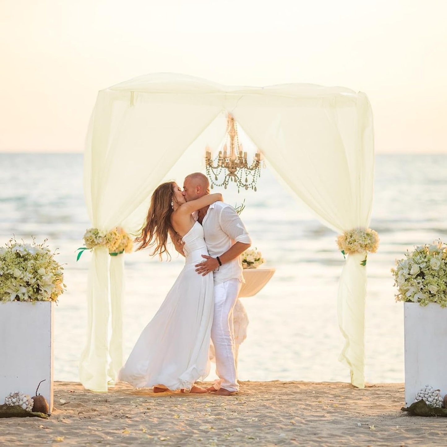 VOK Wedding Arch Draping Fabric Chiffon Fabric, 29in x 18Ft Sheer Chiffon Outdoor Curtain for Wedding Ceremony Birthday Party Decoration (Light Yellow,1 Panel)