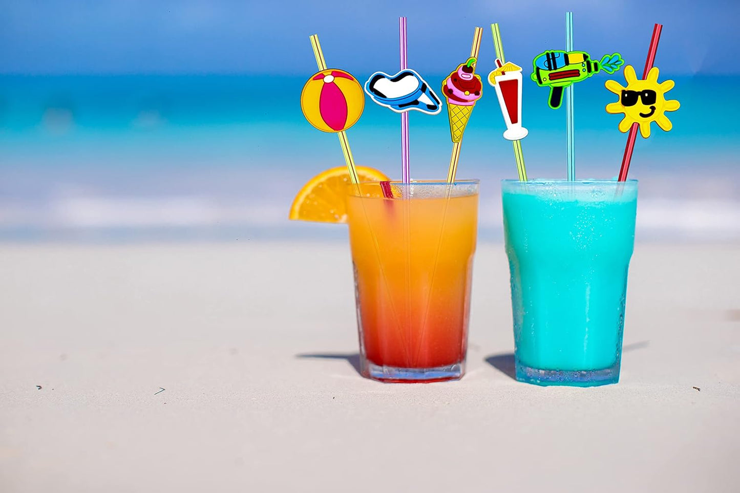 24 Pieces Beach Theme Reusable Plastic Drink Cocktail Straws Beach Ball Pool Summer Birthday Party Favor Decorations With 2 Cleaning Brushes 6 Colors Straws