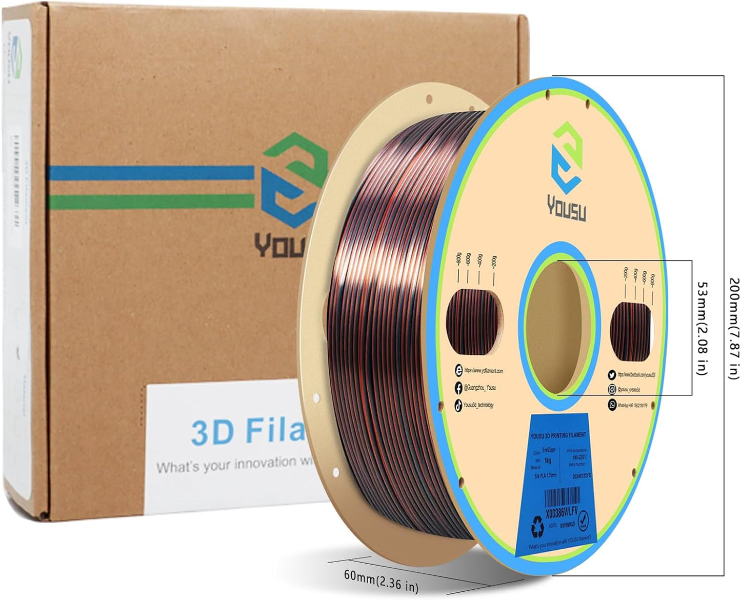 YOUSU Silk Dual Color PLA Filament, Coextrusion Filament, Multicolor 3D Printer Filament 1kg, Compatible with Most of 3D Printer, Silk Silver Copper Color Change Filament.