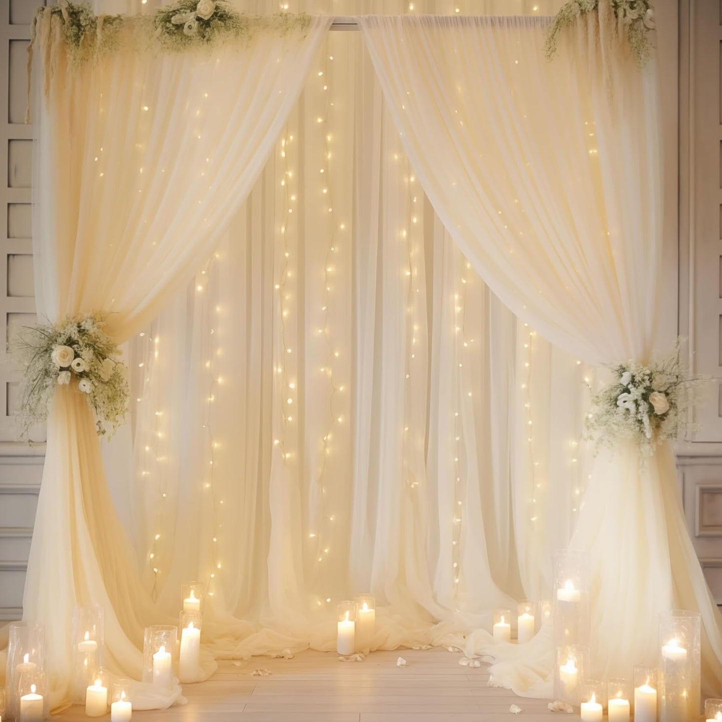 10ft x 10ft Beige Chiffon Backdrop Curtain with Lights String for Parites Wedding Wrinkle Free Curtain Photo Backdrops Drapes for Baby Shower Birthday Party Home Decorations