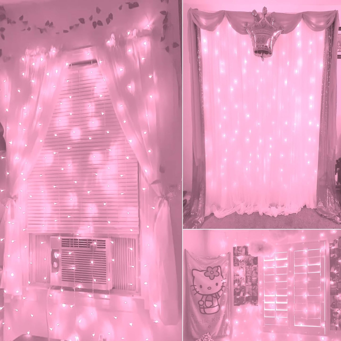 Curtain Lights, Pink Room Decor 8 Modes LED String Lights for Garden, Teen Girls' Room, Party, Window, Wall and Valentines Day Decor