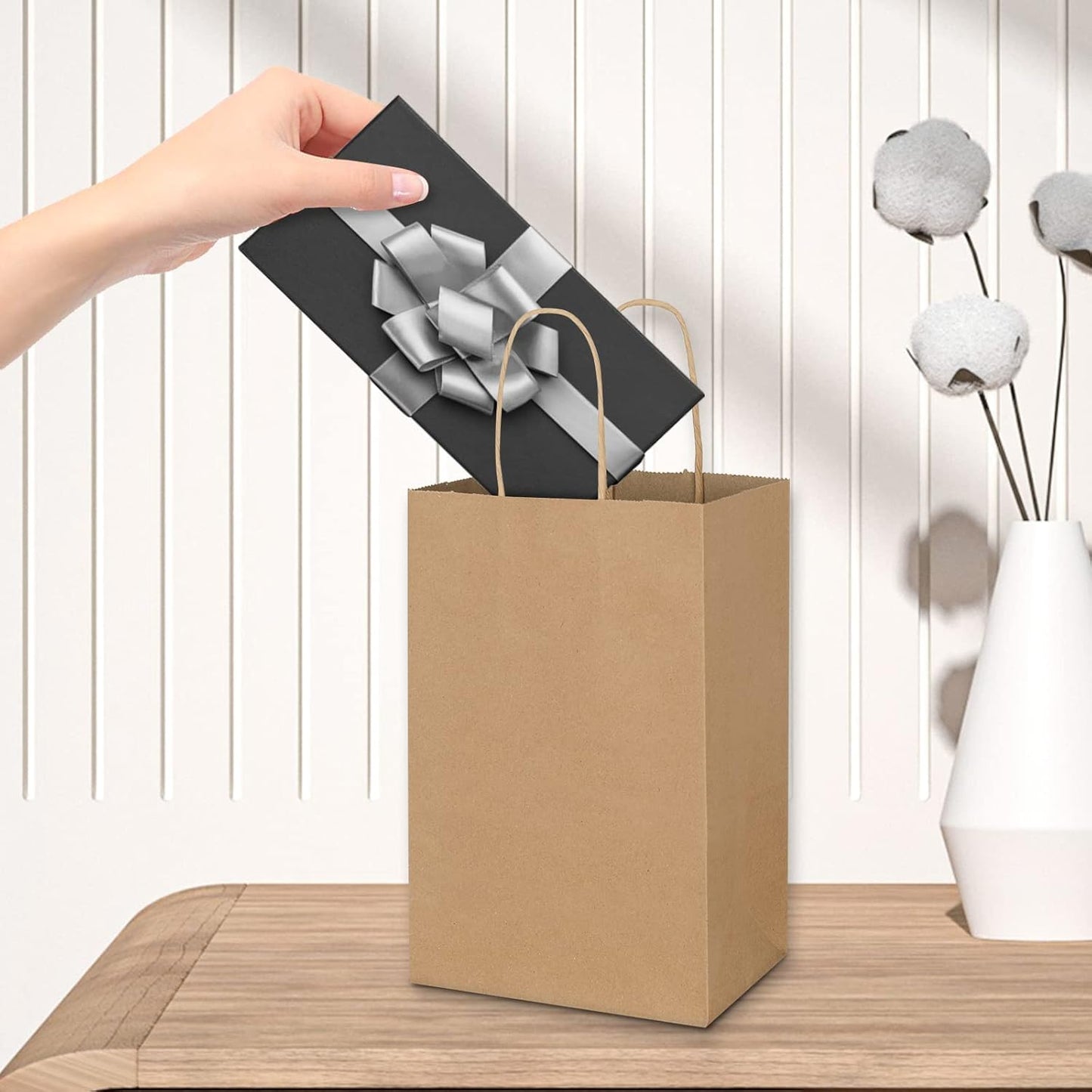 Toovip 50 Pack 5.25x3.25x8.25 Inch Small Plain Brown Kraft Paper Bags with Handles Bulk, Gift Bags for Favor Grocery Retail Party Birthday Shopping Business Goody Craft Merchandise Take Out Sacks