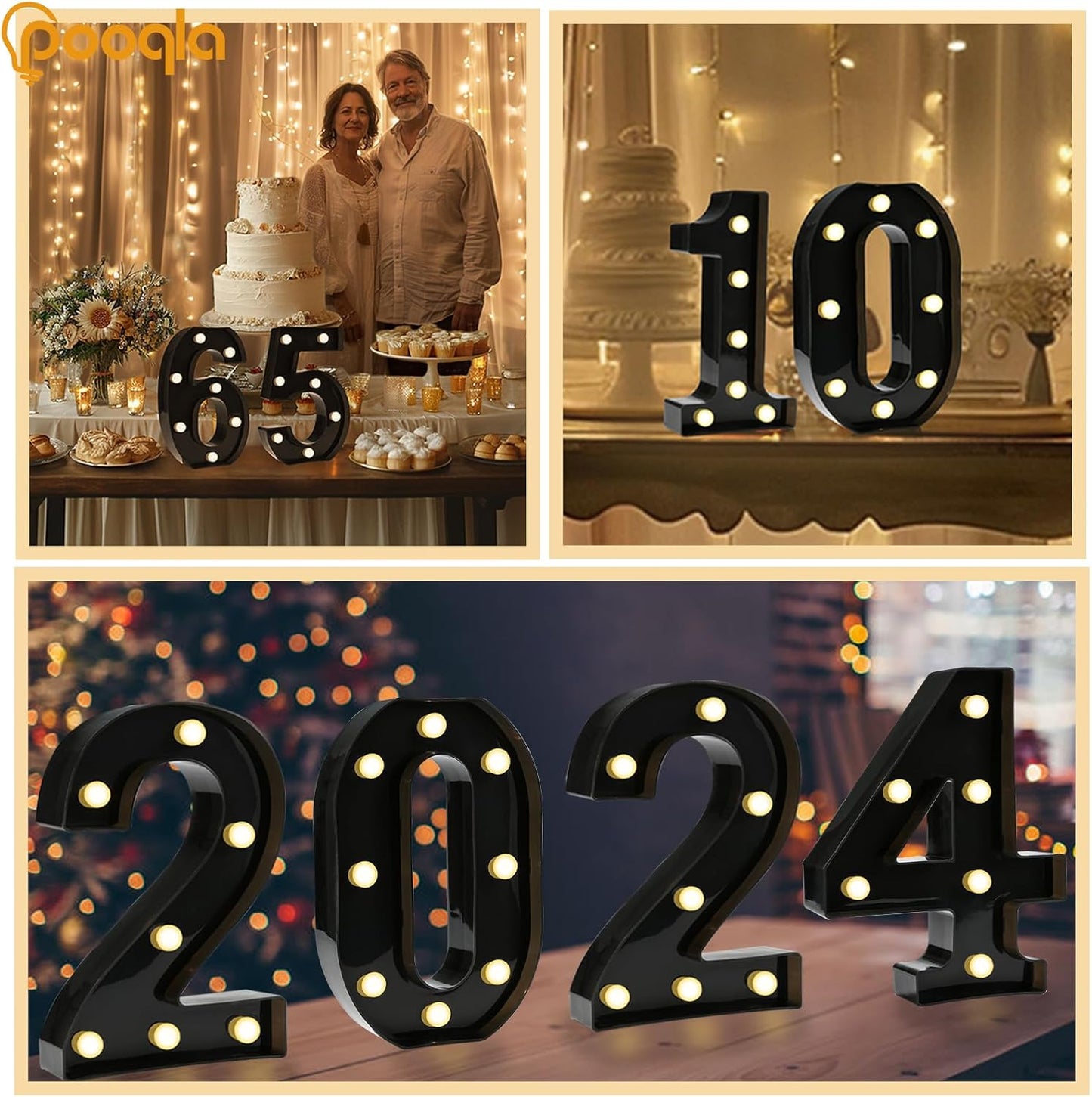 Pooqla Decorative Led Light Up Number Letters, Black Plastic Marquee Number Lights Sign for 6th 16th 60th Birthday Party Wedding Decor Battery Operated Black Decoration 6