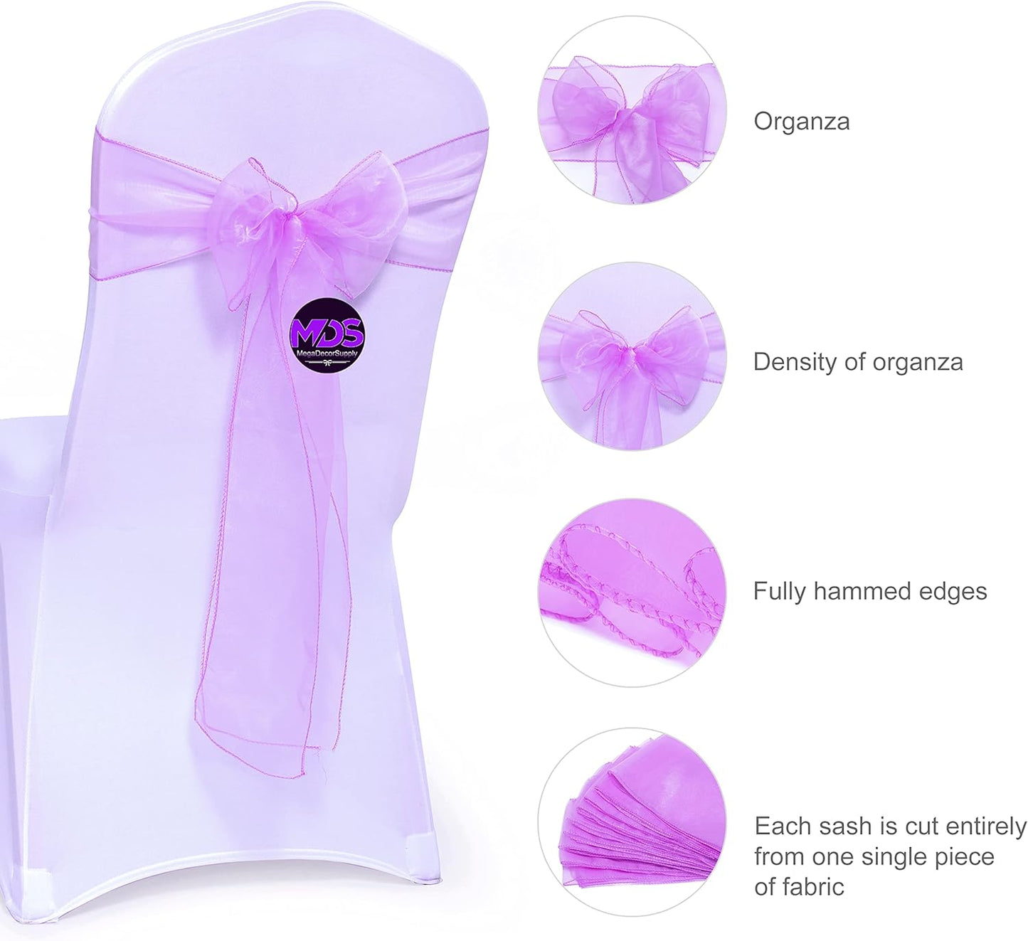 MDS Pack of 250 PCS Organza Chair Sashes Wider Dining Chair Bows Ribbon Tie Back for Wedding Party Birthday Bridal Shower Reception Event Banquet Home Chair Cover Decoration - Light Purple