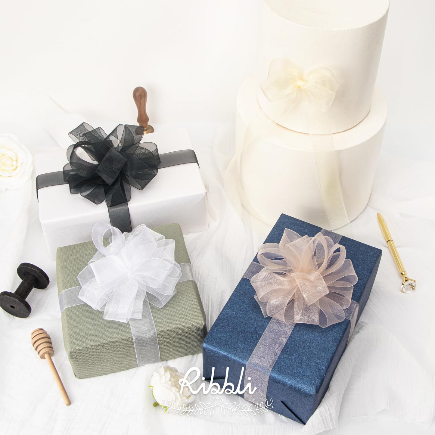 Ribbli 8 Rolls Organza Ribbon 1 Inches Total 80 Yard White Ivory Champagne Gold Rose Gold Dusty Blue Moss Black Sheer Ribbon for Gift Wrapping,Cookie Wrapping,Easter,Wedding Decoration