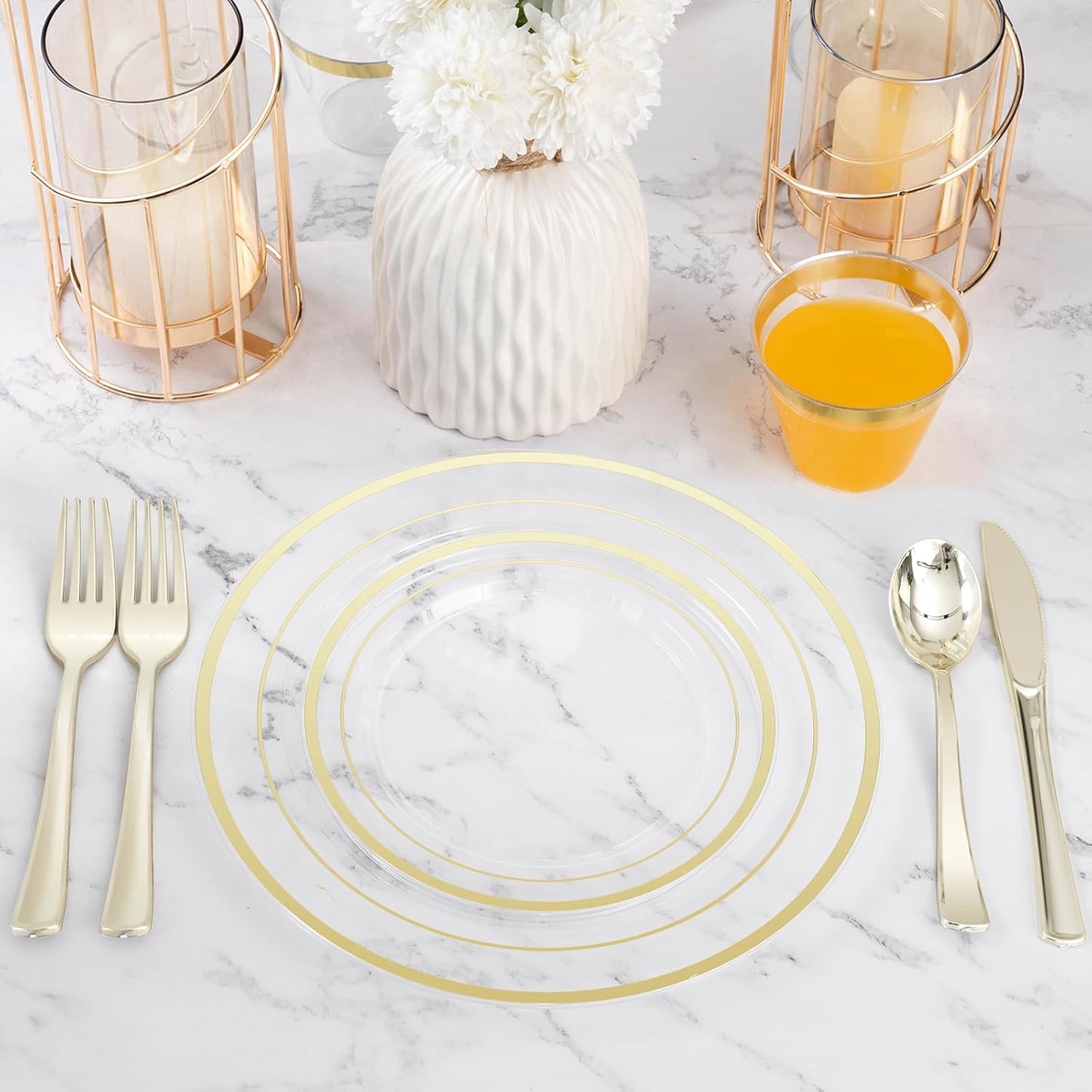 600PCS Clear Gold Plastic Plate Set (100 Guests), Plastic Plates for Party Wedding Birthday, Disposable Dinnerware Set of 200 Plates, 200 Forks, 100 Spoons, 100 Knives for Christmas