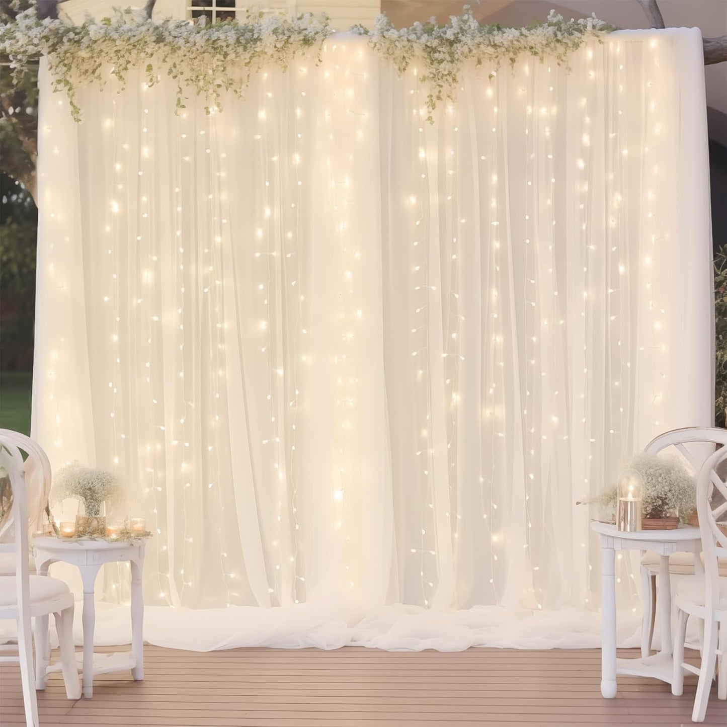 10ft x 10ft White Chiffon Backdrop Curtain with Lights String for Parites Wedding Wrinkle Free Curtain Photo Backdrops Drapes for Baby Shower Birthday Party Home Decorations