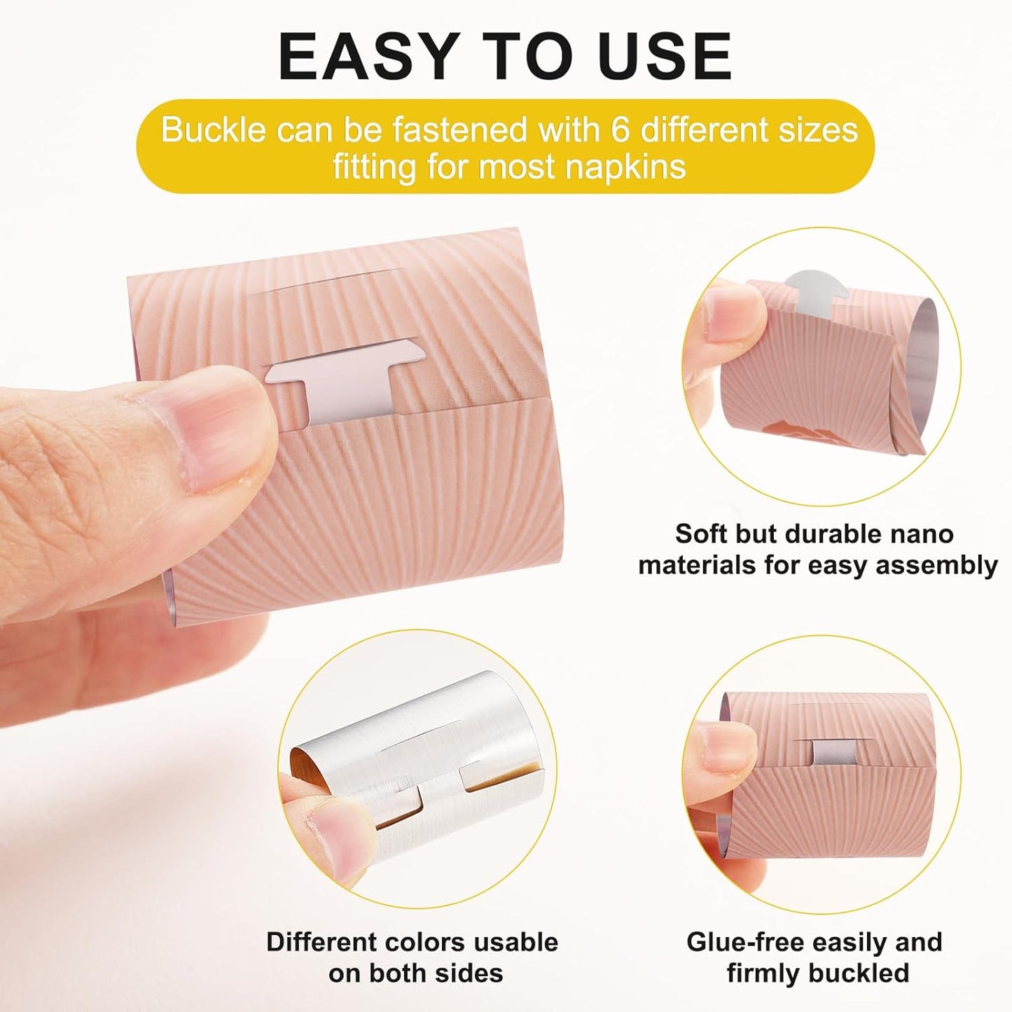 Polymer Material Reusable Napkin Band, Glue-Free Tear-Proof Water Resistant Oil-Proof Napkin Bands Set of 100(Front Rose Gold Color and Back Silver), 6 Adjustable Sizes Napkin Rings