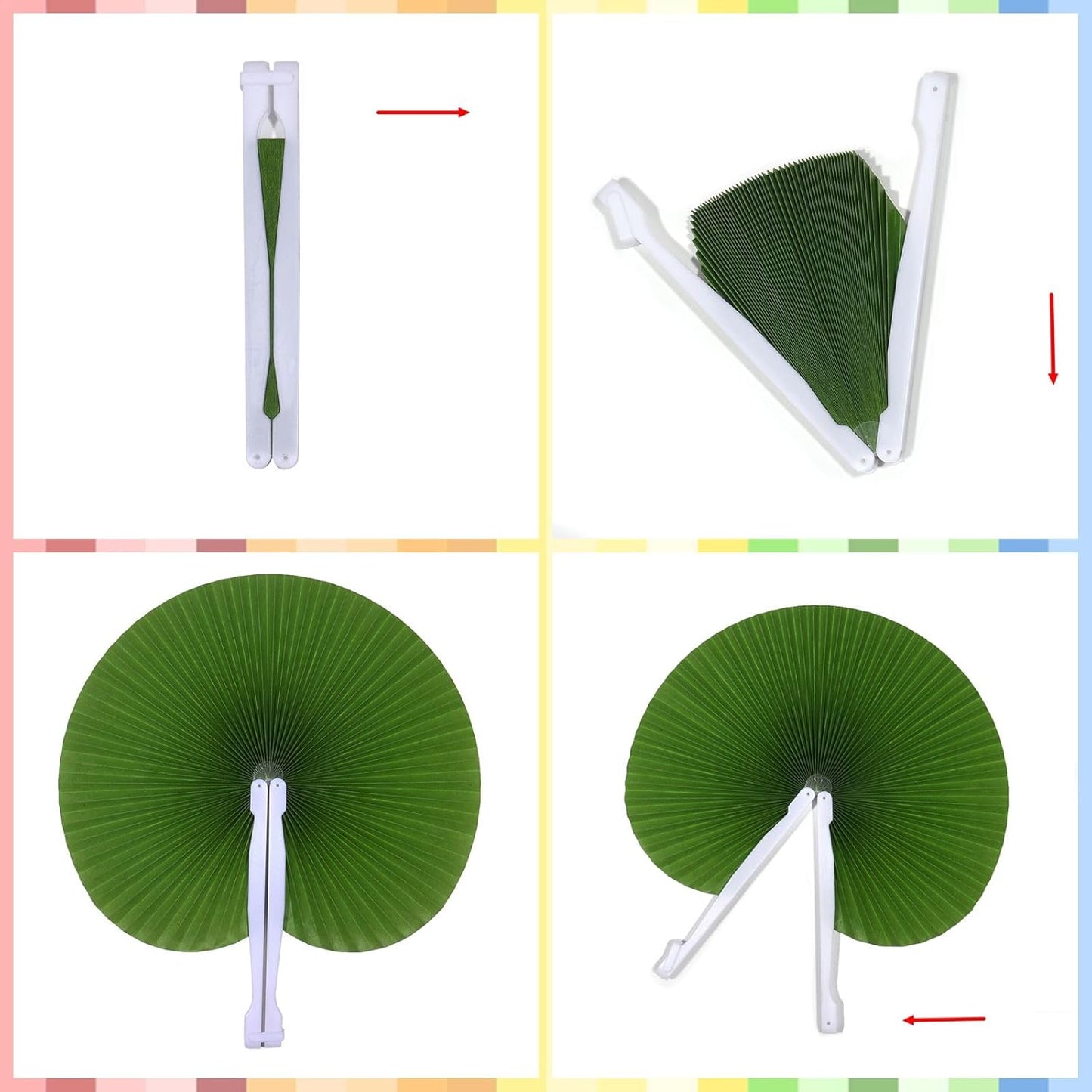 12 Packs Decorative Paper Folding Hand Fans Handheld,Grass Green Round Foldable Wedding Fans Chinese and Japanese Fans Bulk for Bridal Guest Church Party Favors Dancing Birthday DIY