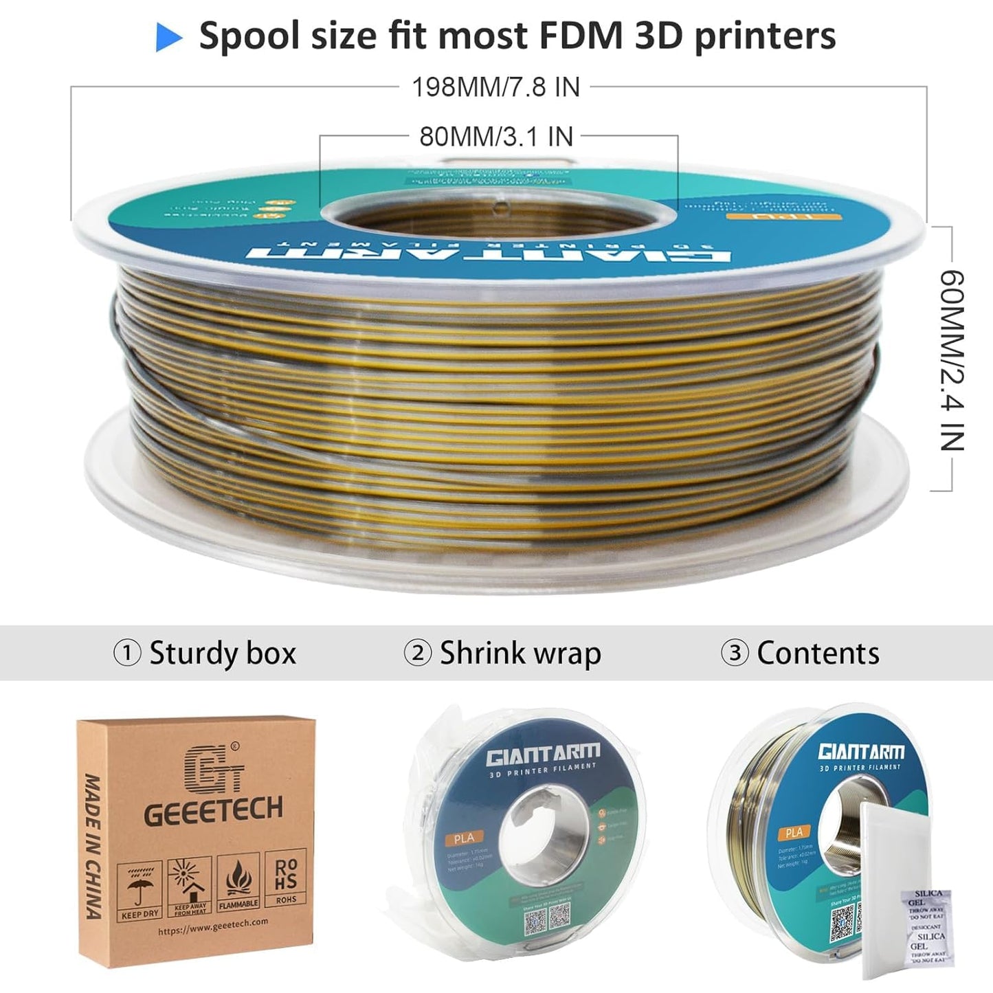 GIANTARM Dual Color PLA Filament, Silk PLA Filament 1.75mm +/-0.02mm,1KG Spool(2.2lbs) Vacuum Packaging, 3D Printing Filaments Fit Most FDM Printer