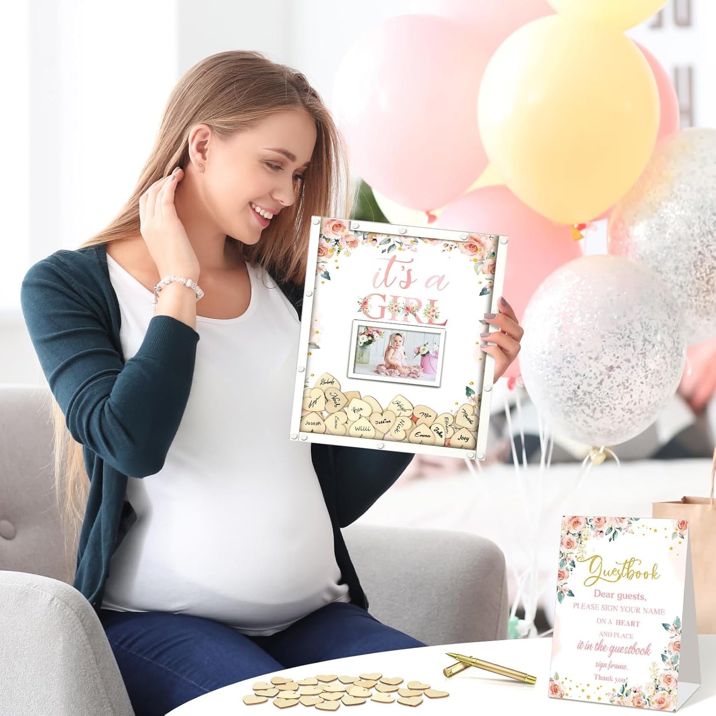 65 Pcs Baby Shower Guest Book Decorations Baby Shower Sign in Guest Book Alternatives Floral It's a Girl Decorations with Photo Frame and 60 Wood Slices Keepsakes for Guests